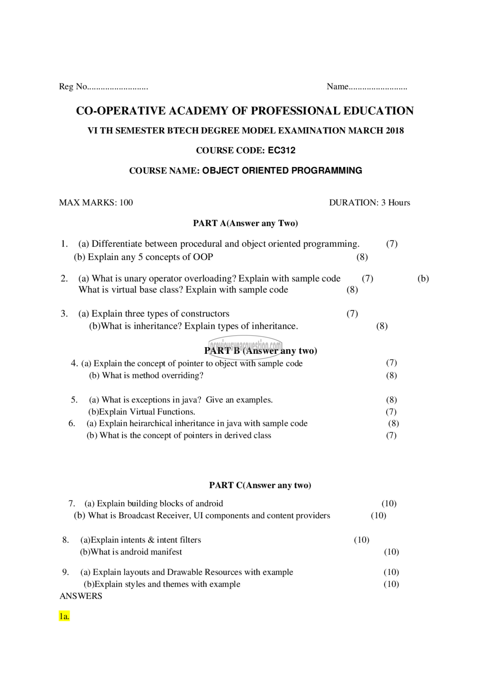 Question Paper - Object Oriented Programming-1