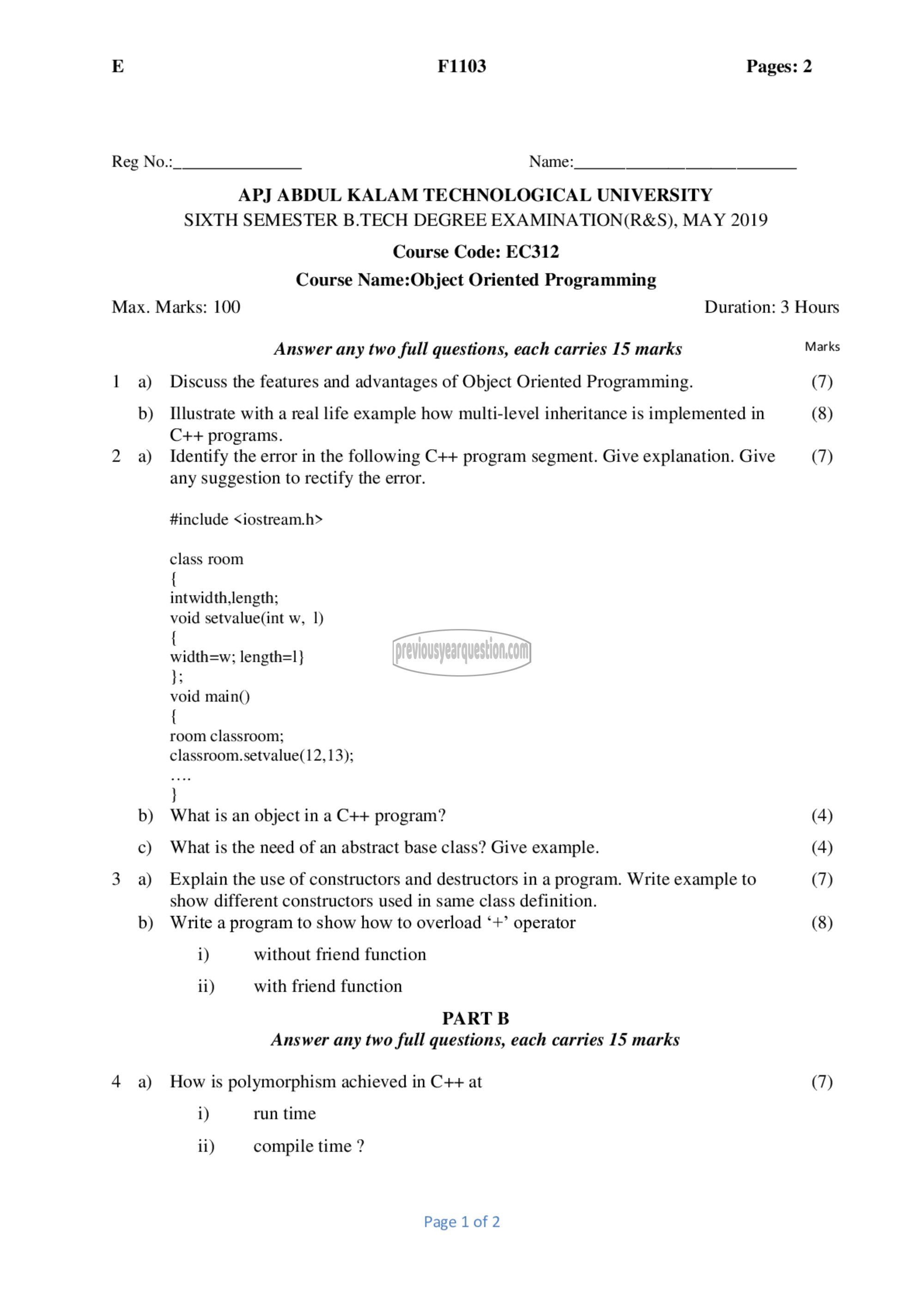 Question Paper - Object Oriented Programming-1