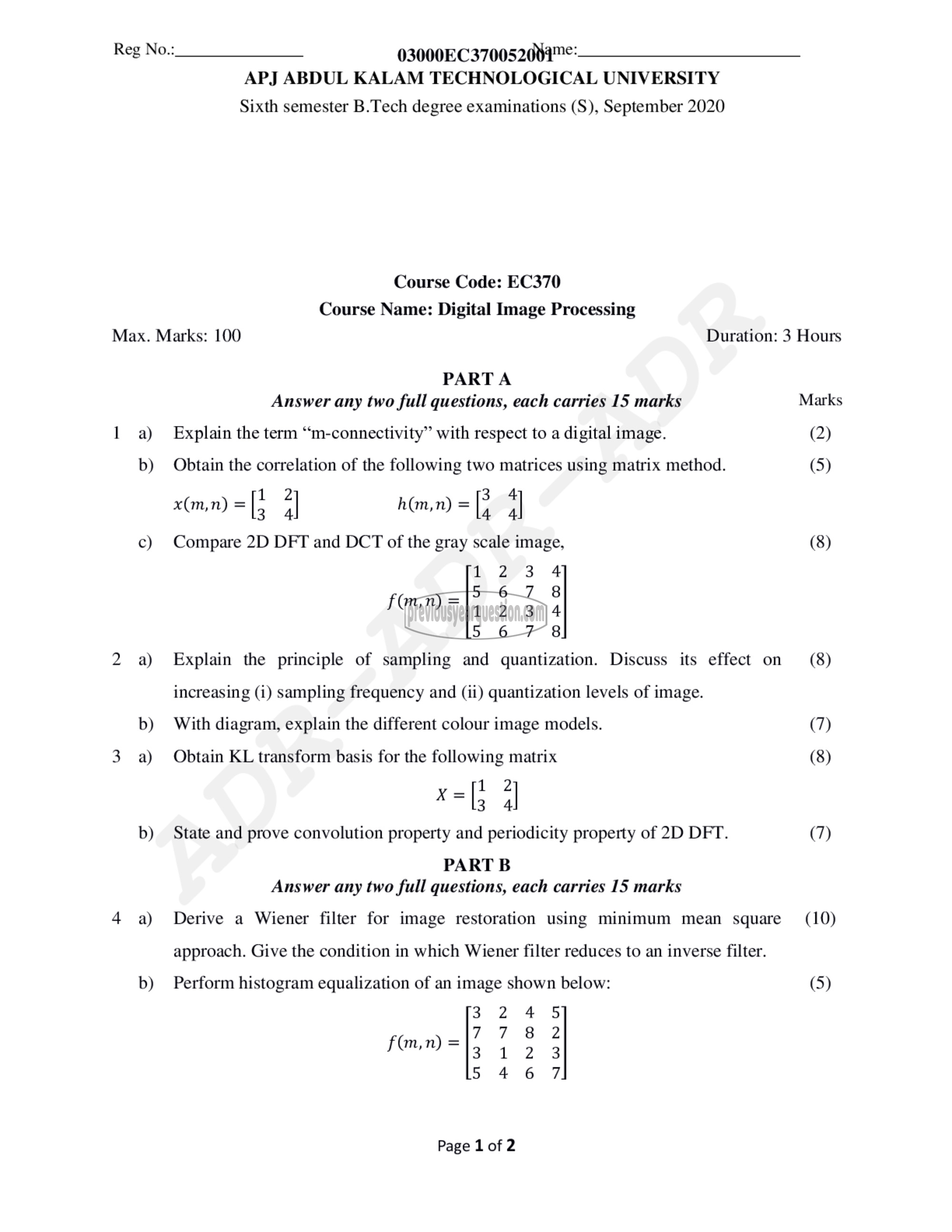 Question Paper - Digital Image Processing-1