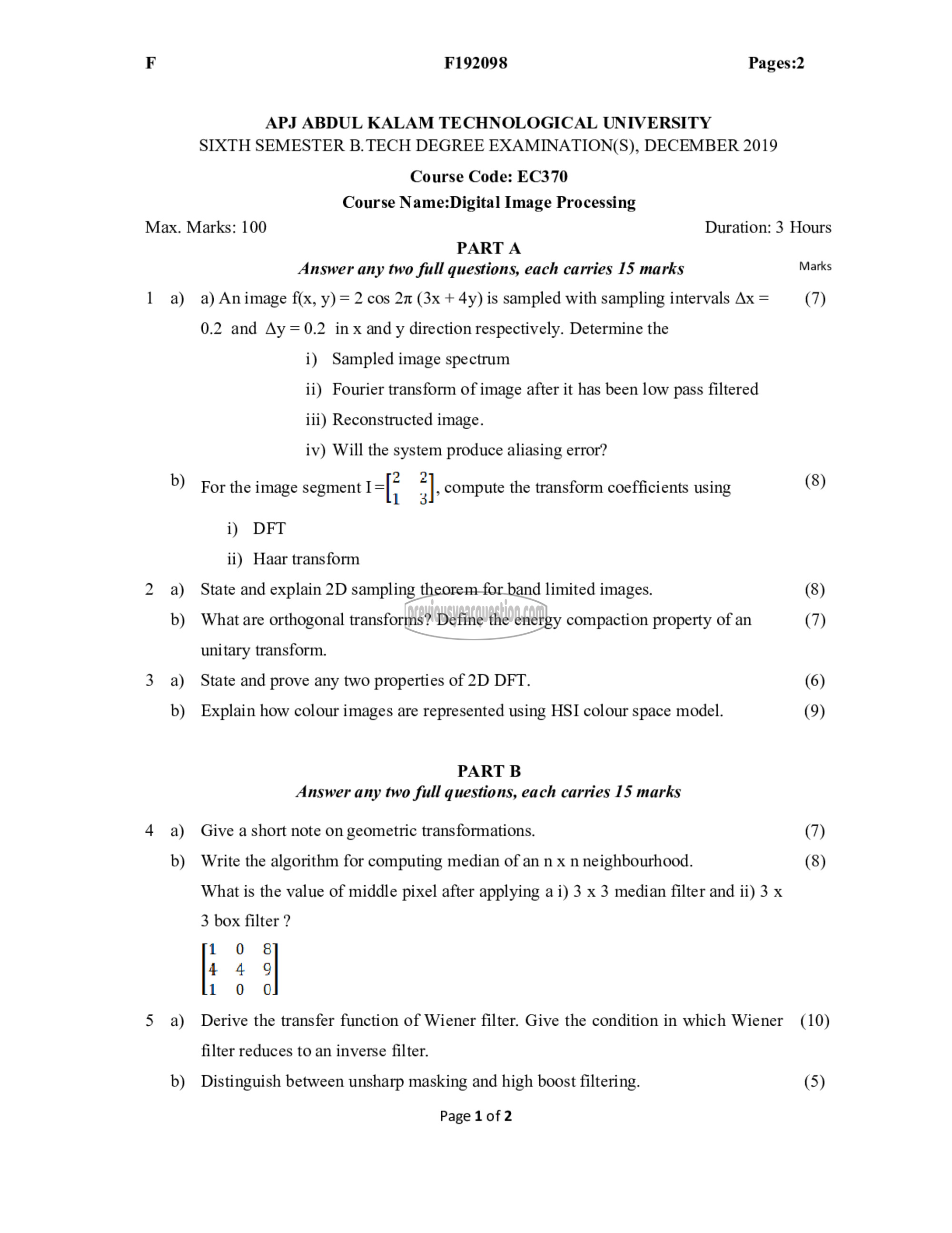 Question Paper - Digital Image Processing-1