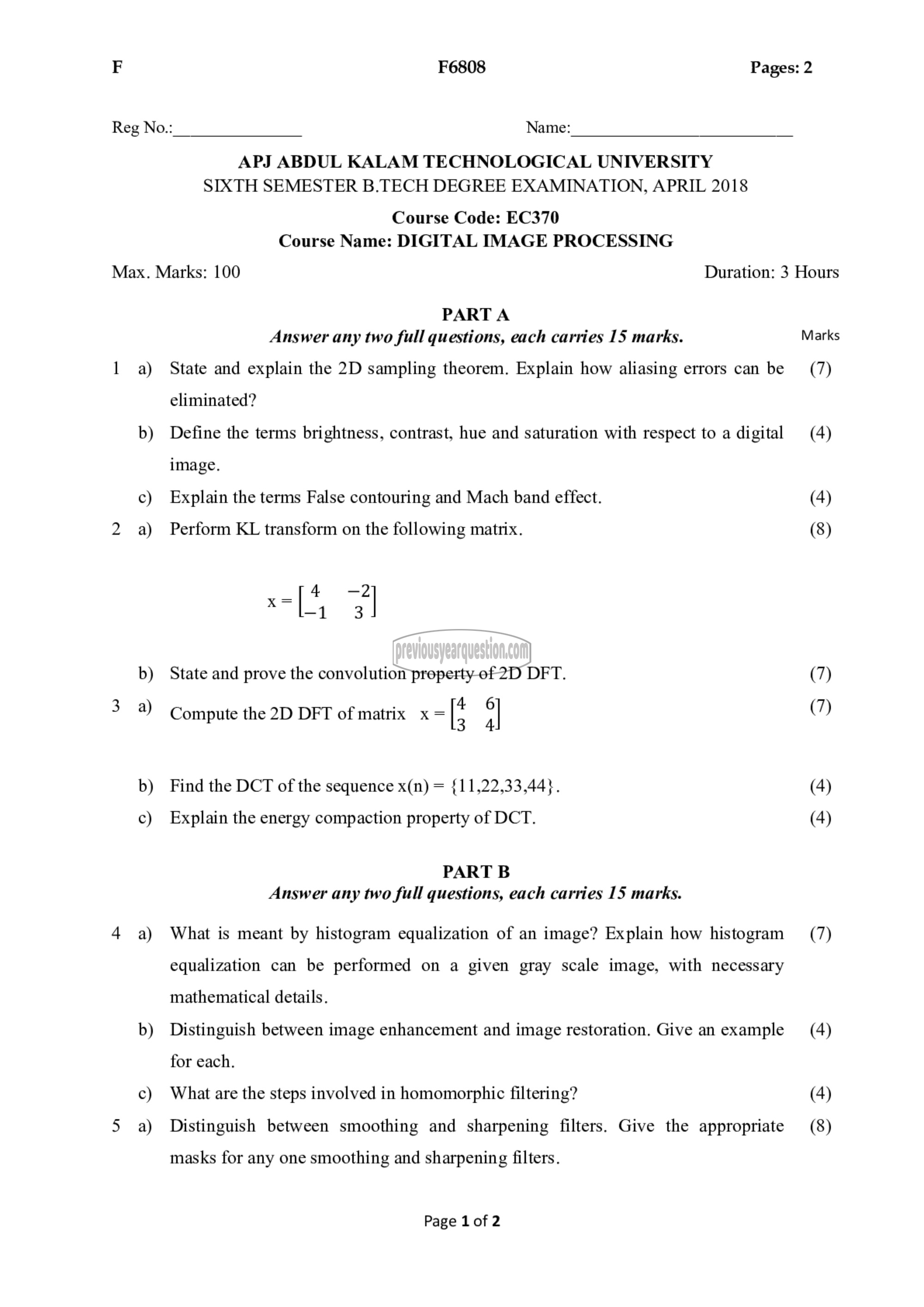 Question Paper - Digital Image Processing-1