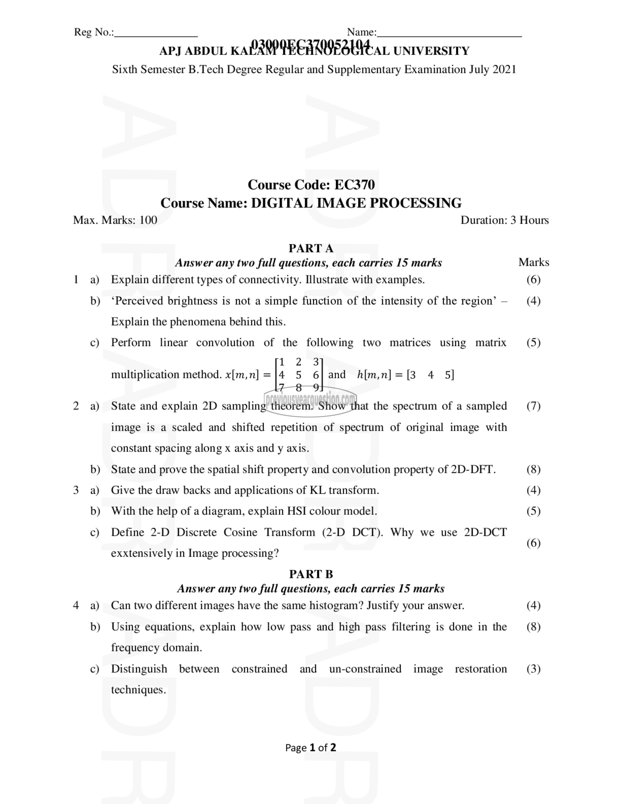 Question Paper - Digital Image Processing-1