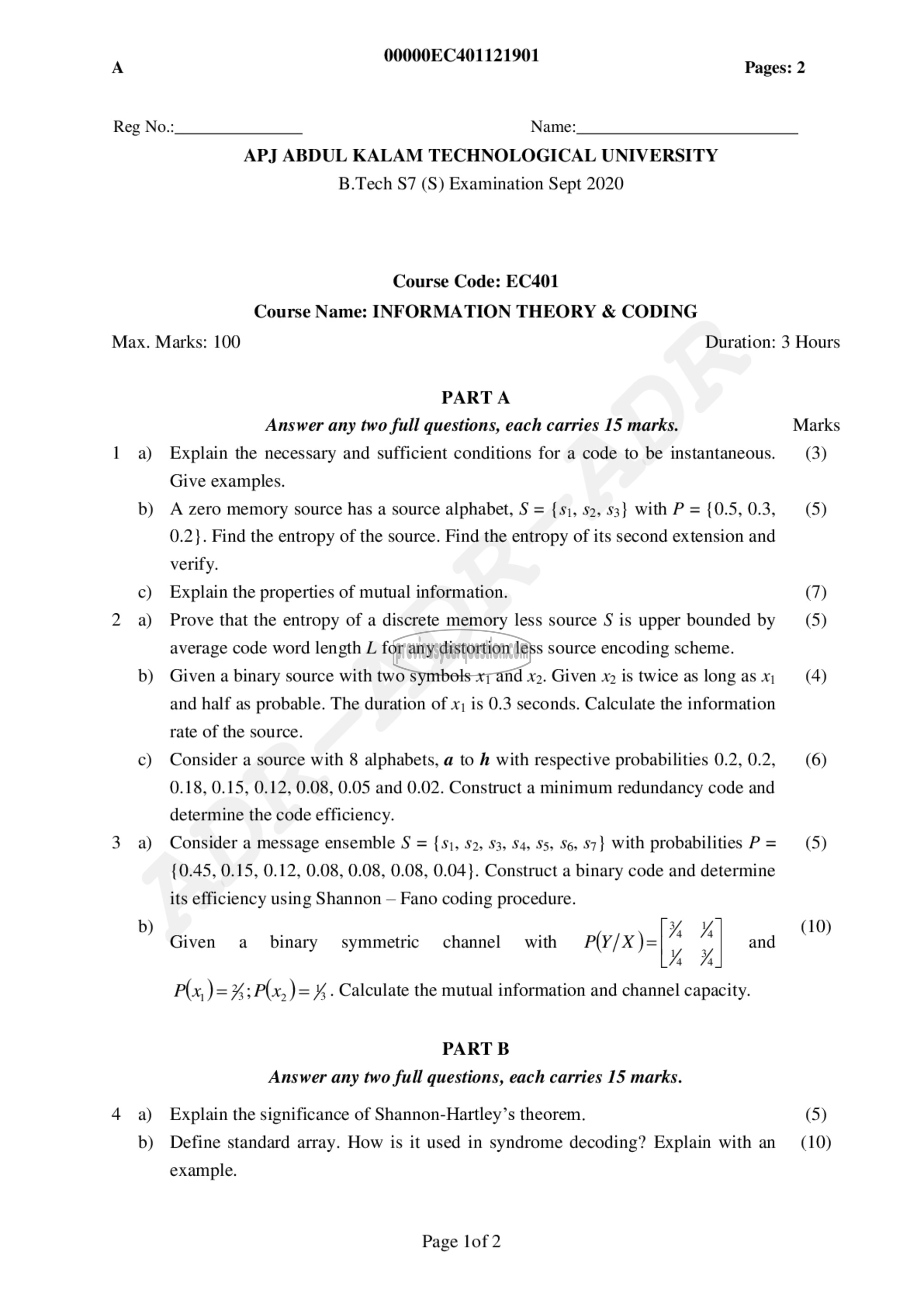 Question Paper - Information Theory & Coding-1