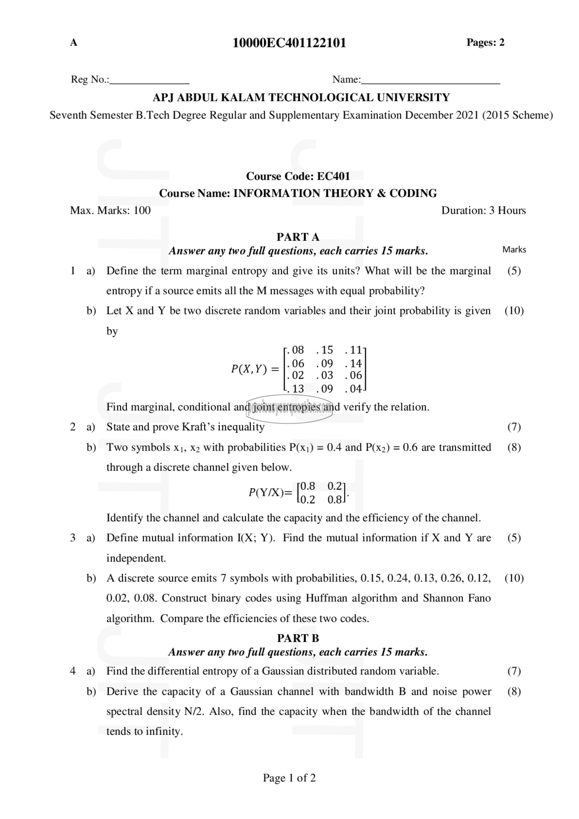 Question Paper - Information Theory & Coding-1