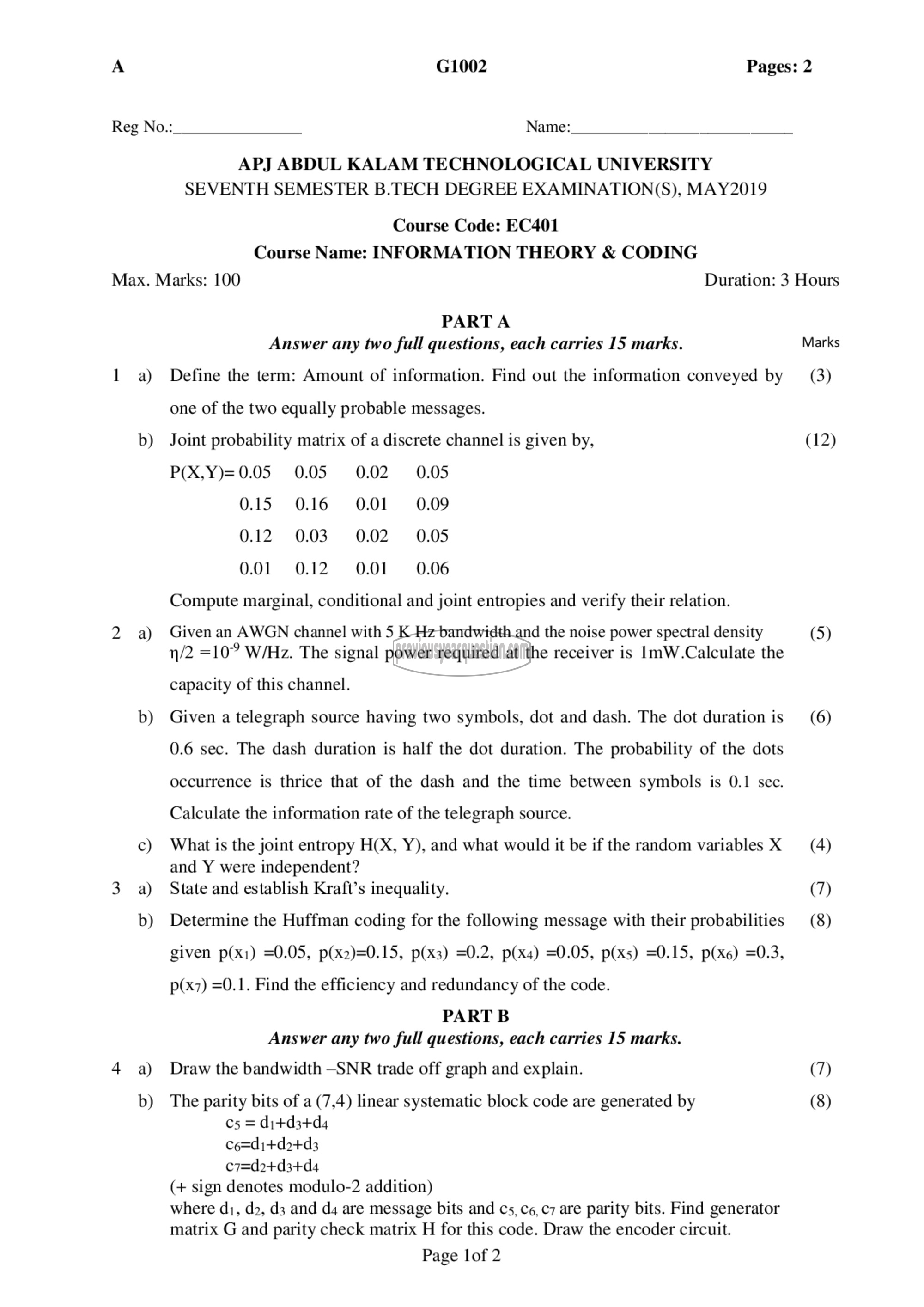 Question Paper - Information Theory & Coding-1