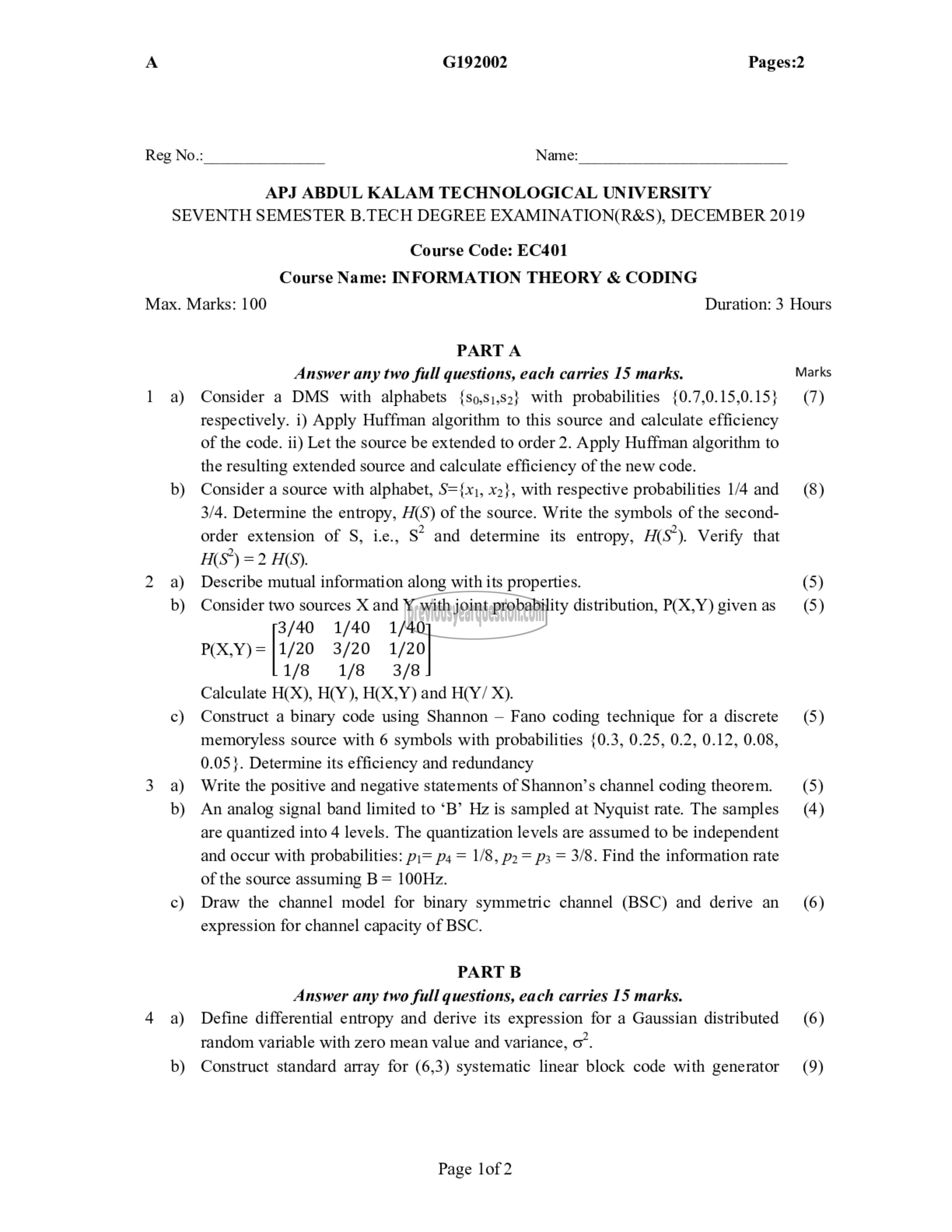 Question Paper - Information Theory & Coding-1