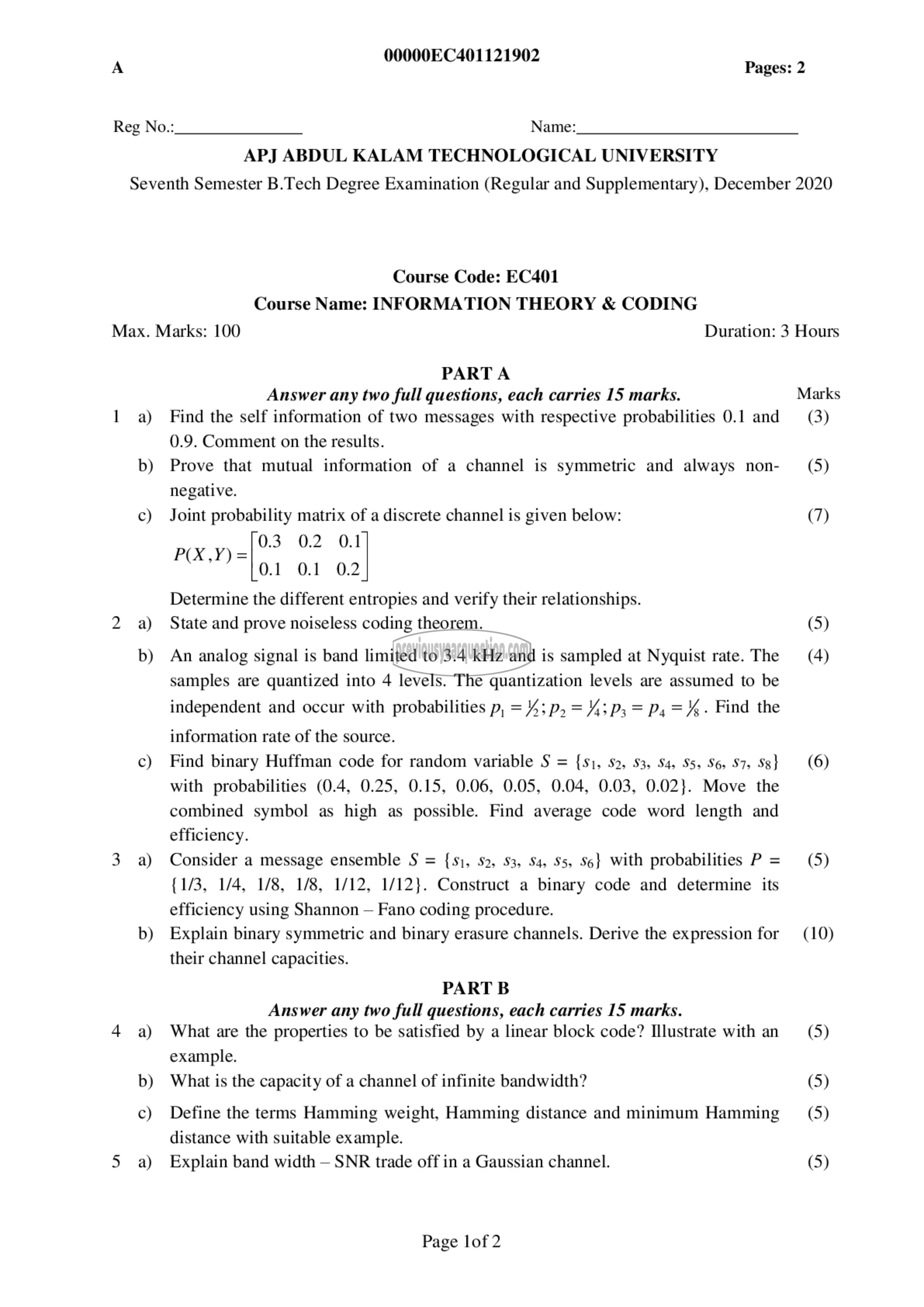 Question Paper - Information Theory & Coding-1