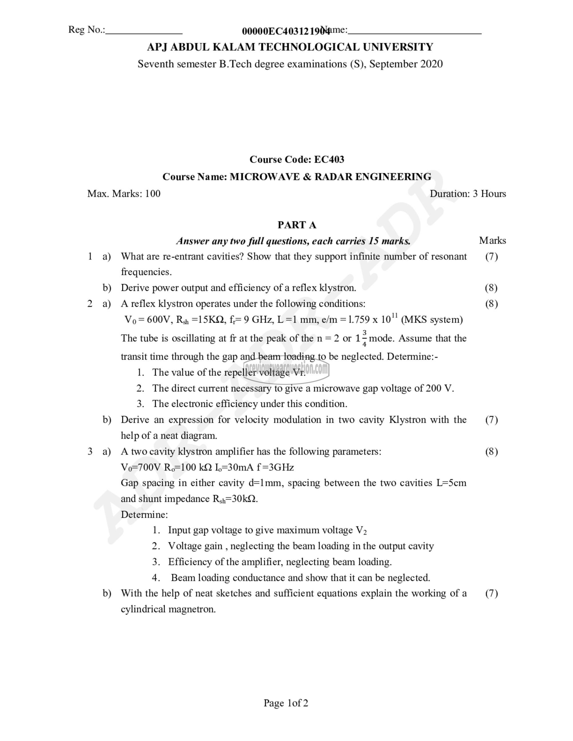 Question Paper - Microwave & Radar Engg-1