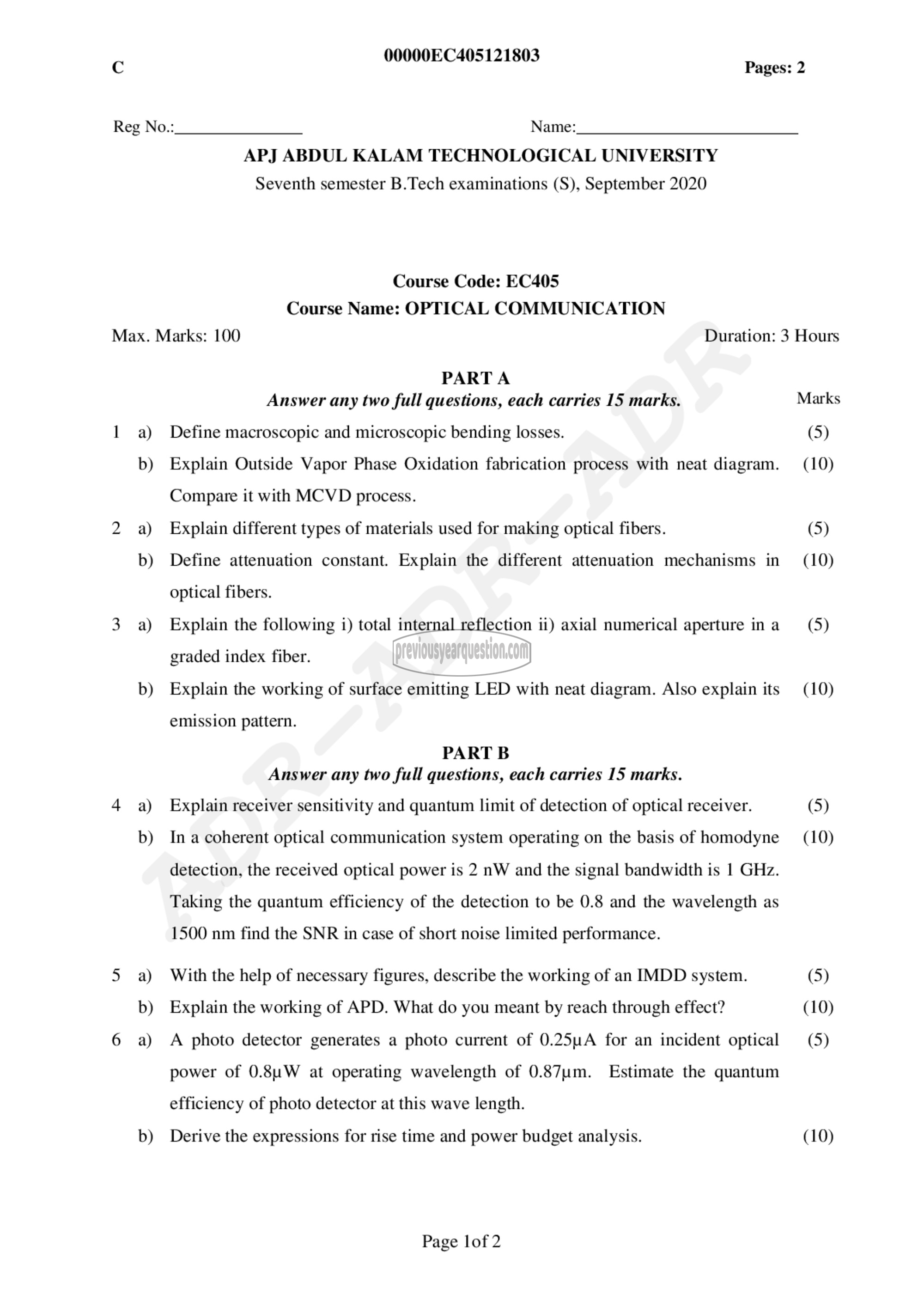 Question Paper - Optical Communication-1