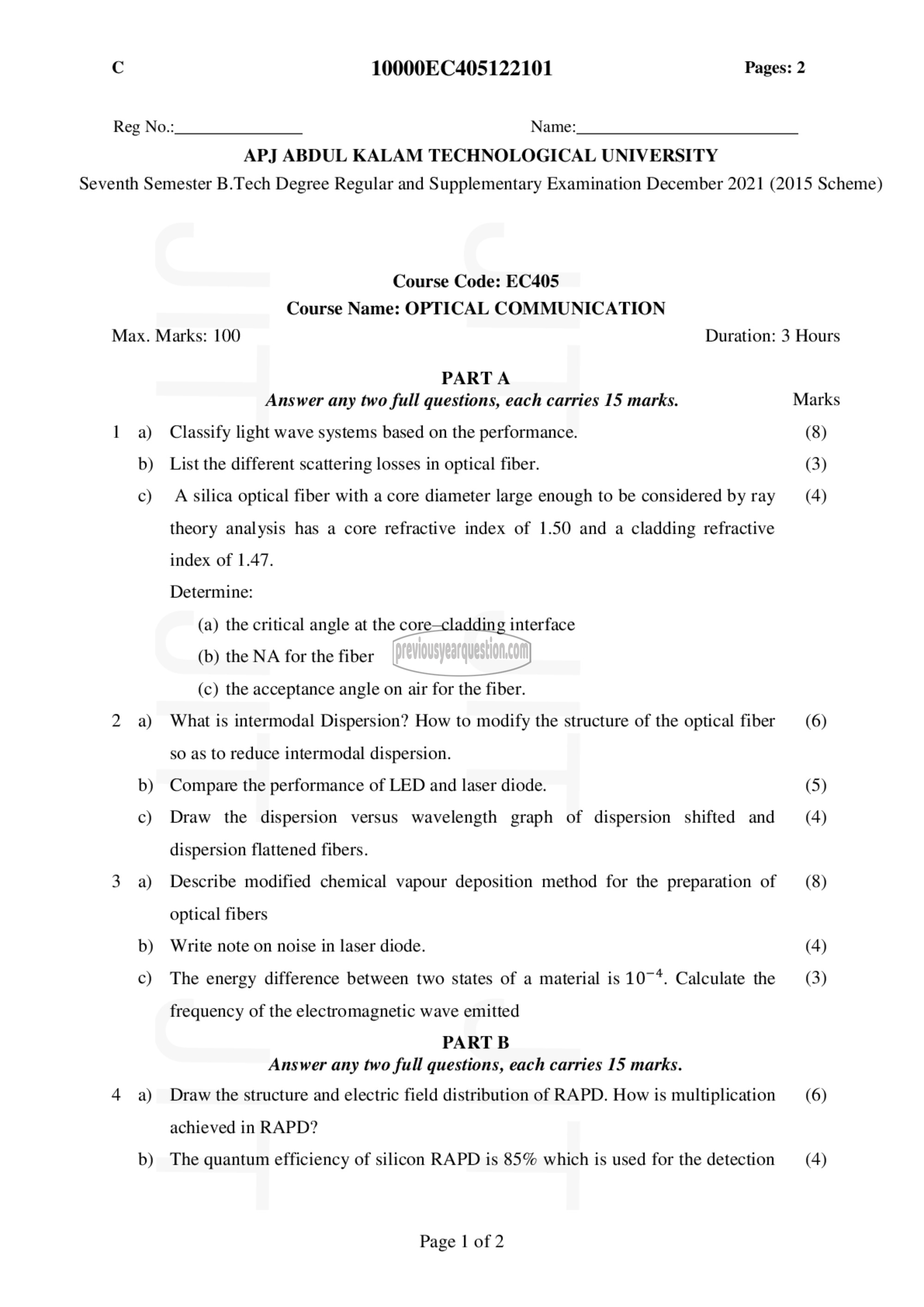 Question Paper - Optical Communication-1