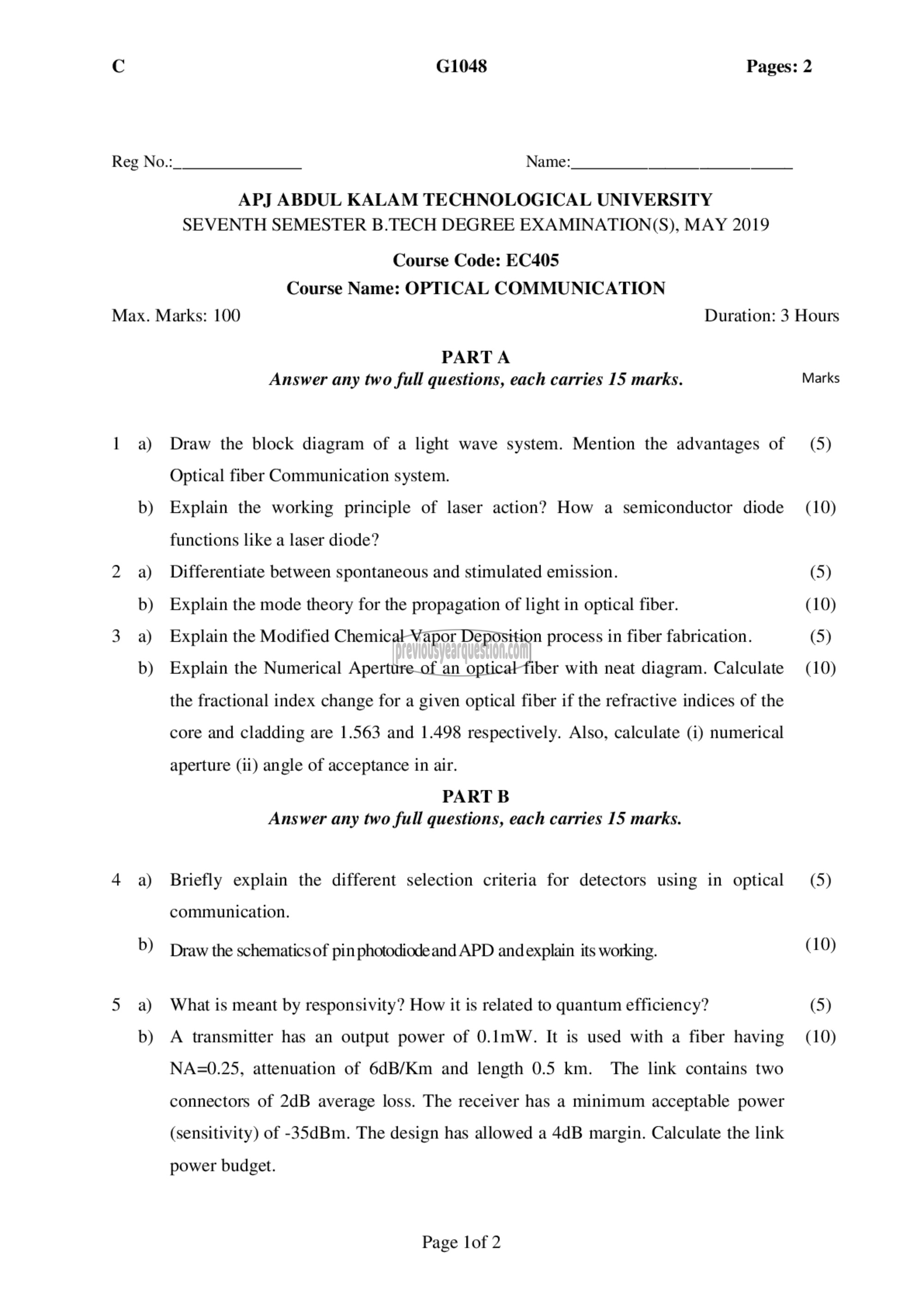 Question Paper - Optical Communication-1