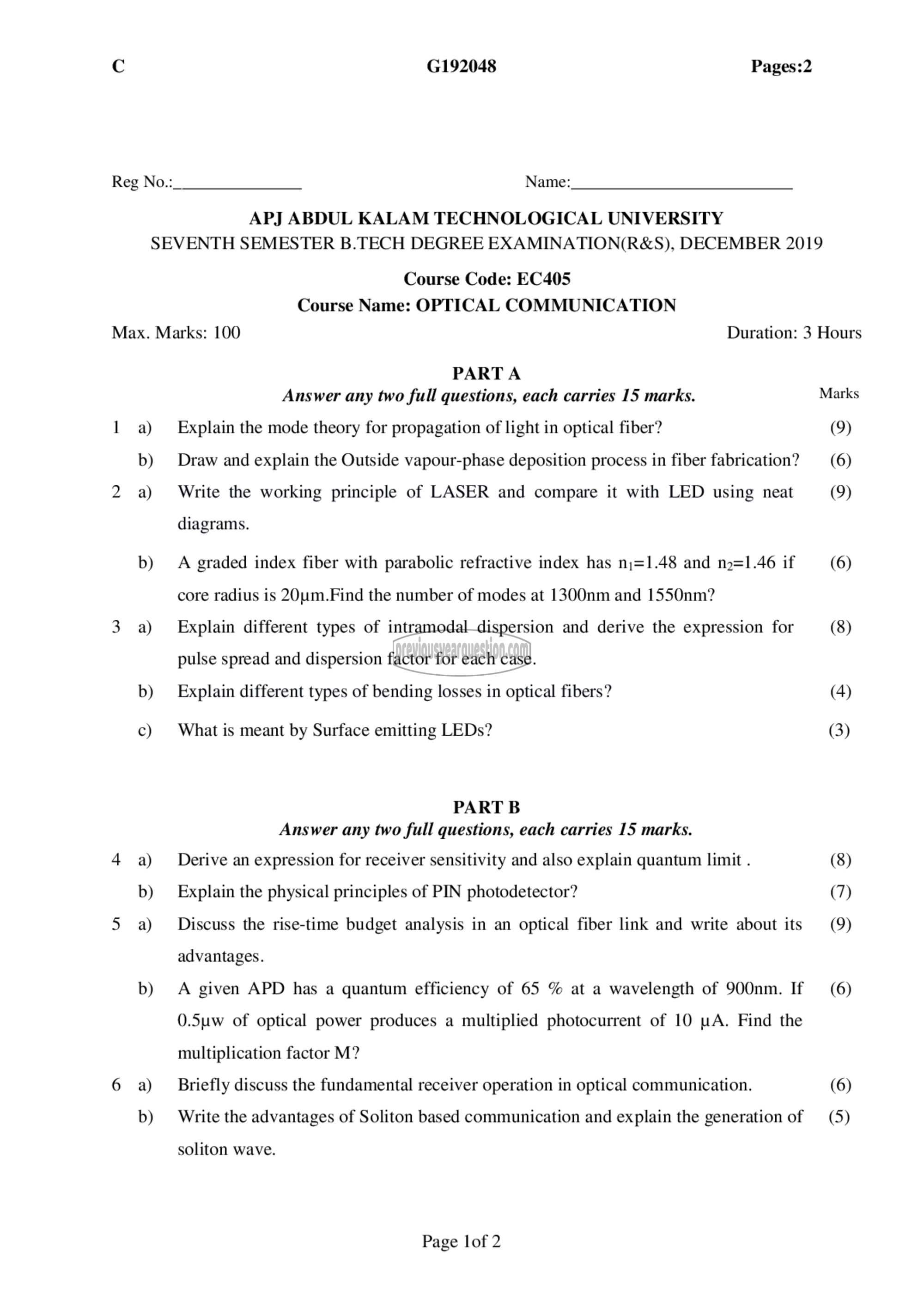 Question Paper - Optical Communication-1