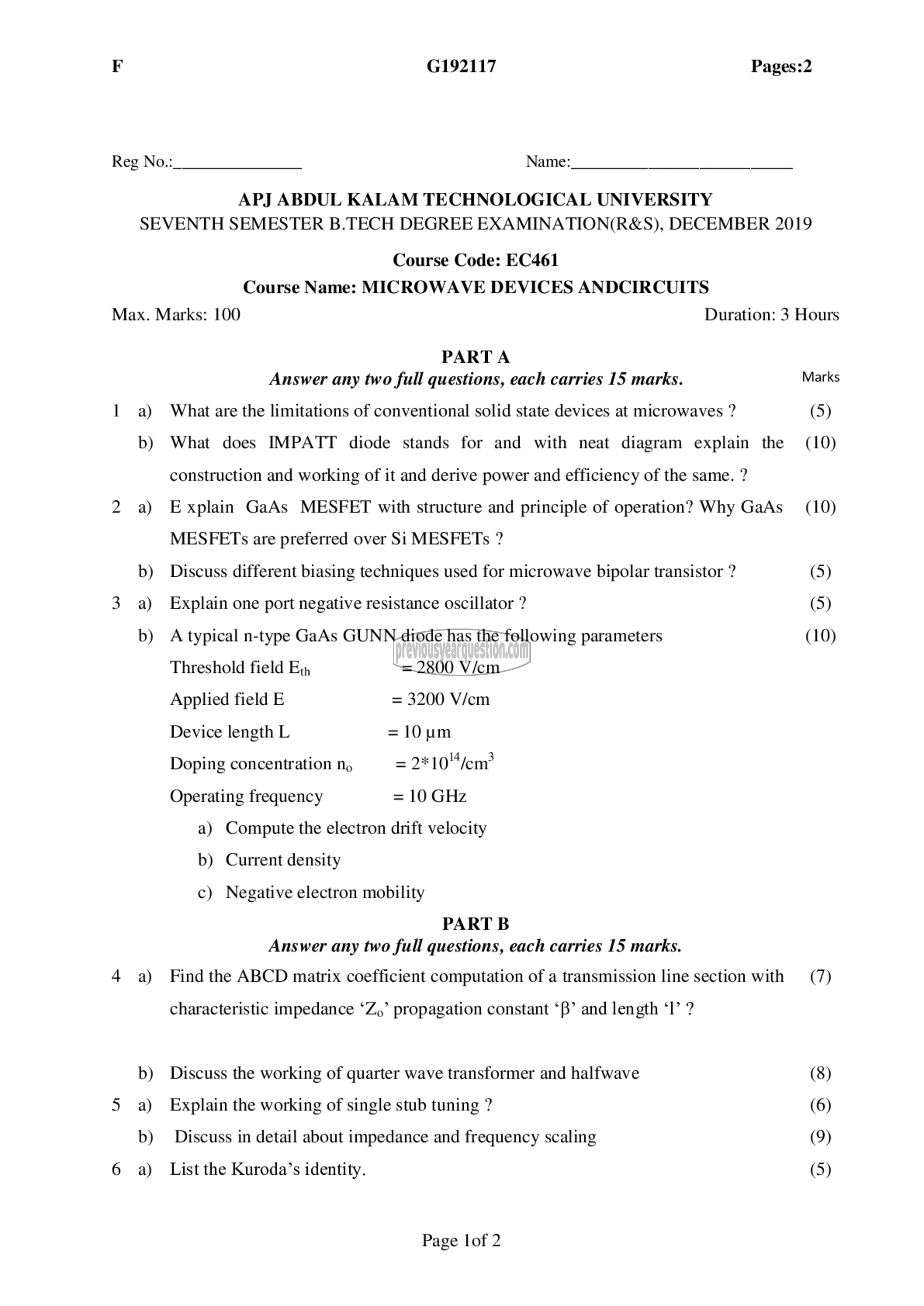 Question Paper - Microwave Devices and Circuits-1