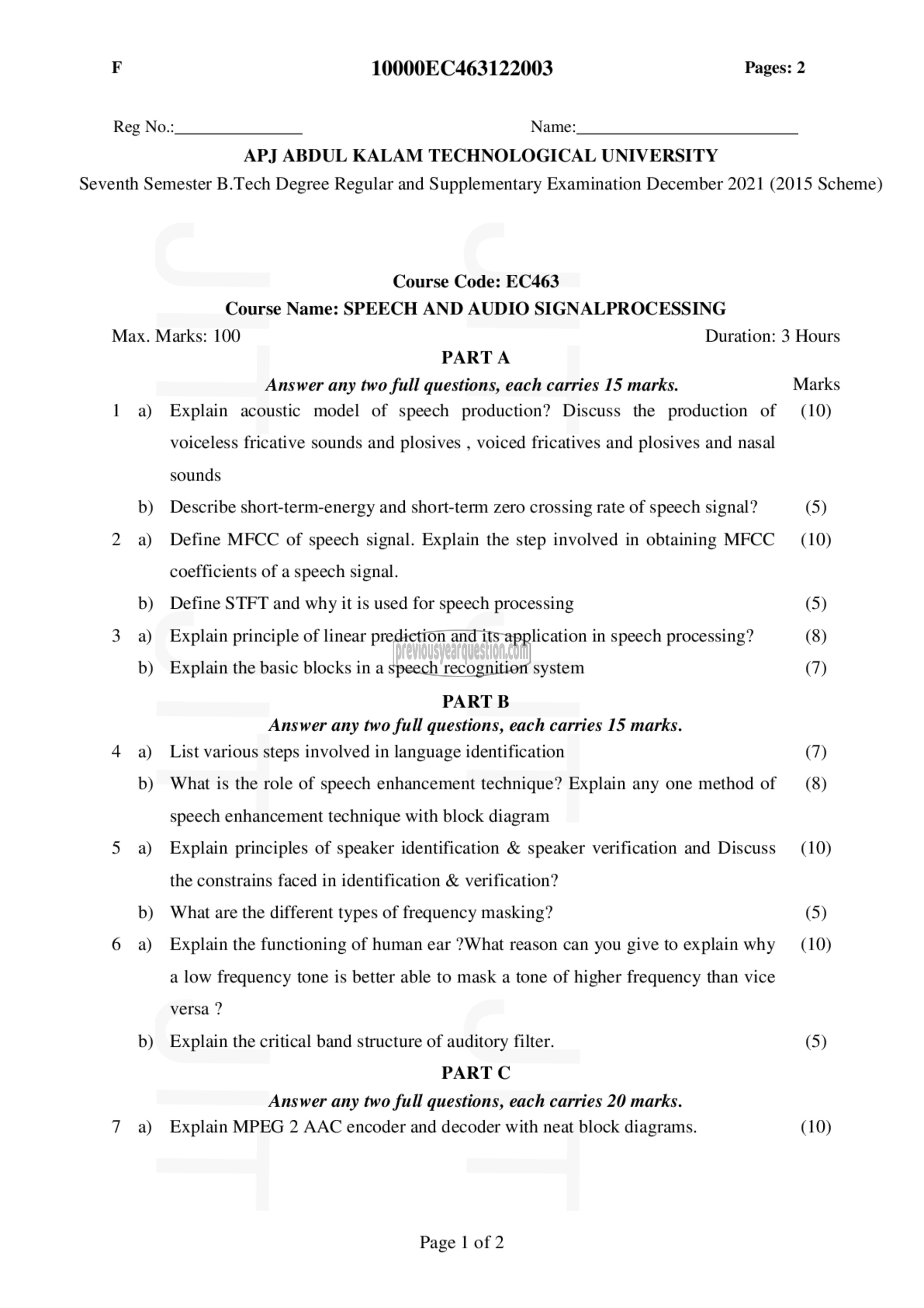 Question Paper - Speech and Audio Signal Processing-1