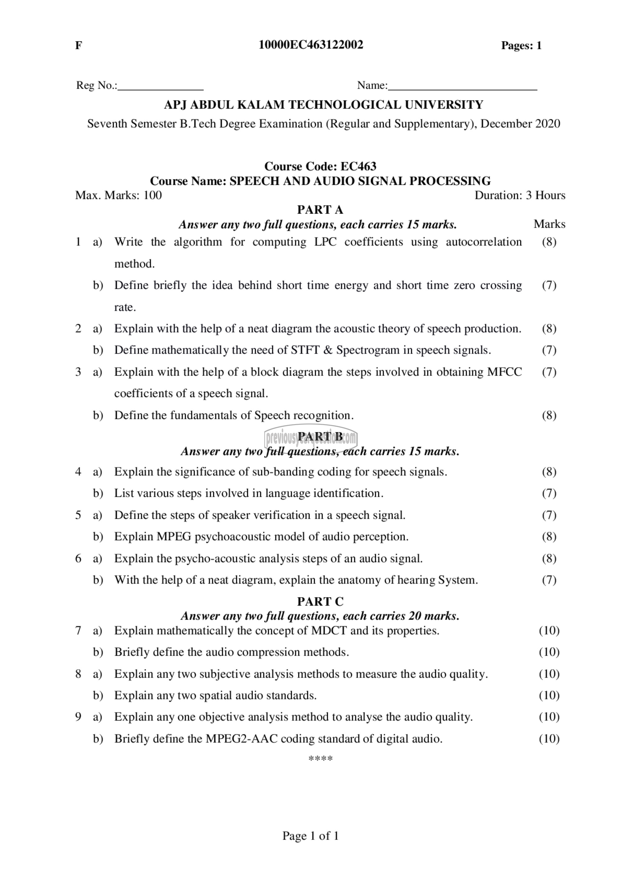 Question Paper - Speech and Audio Signal Processing-1