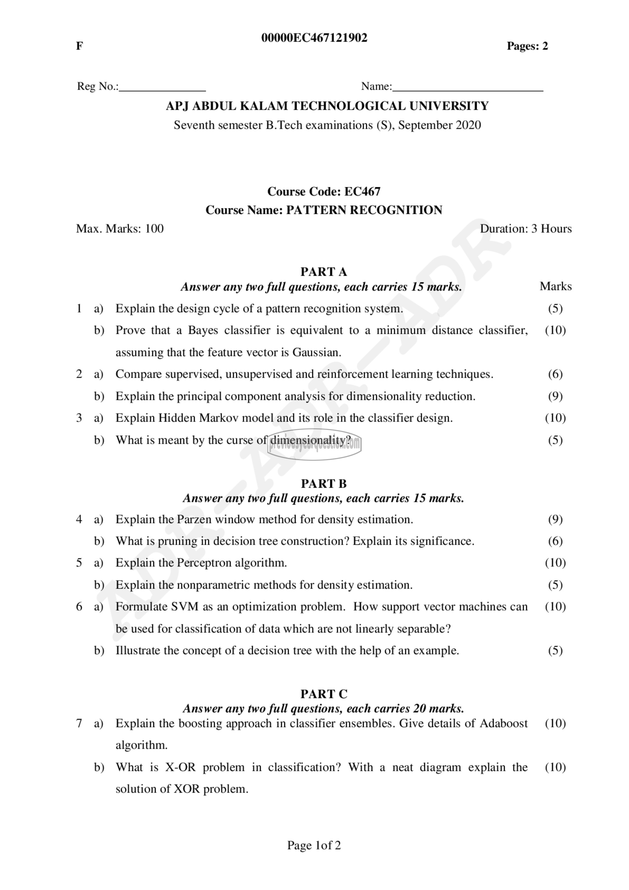 Question Paper - Pattern Recognition-1