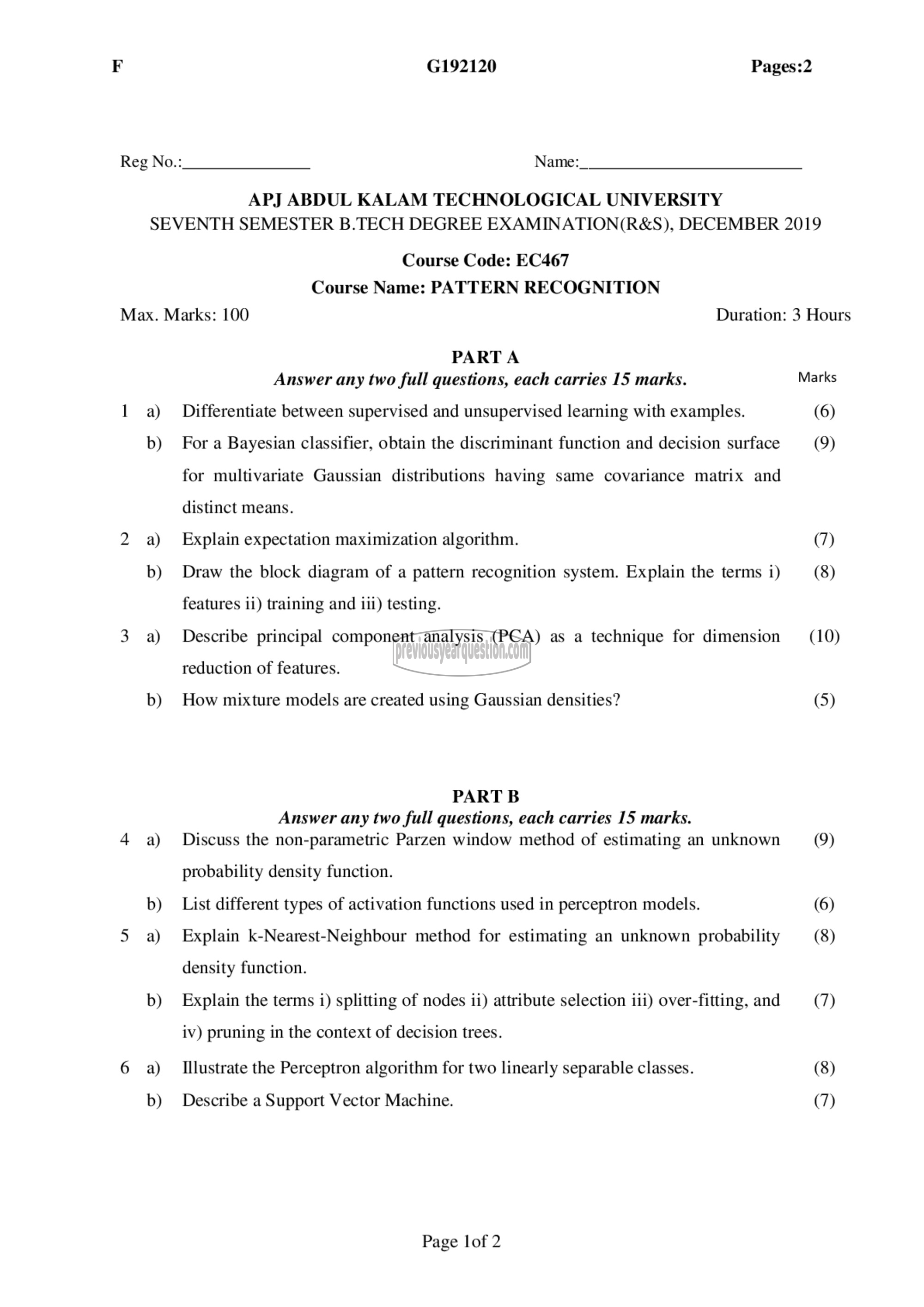 Question Paper - Pattern Recognition-1