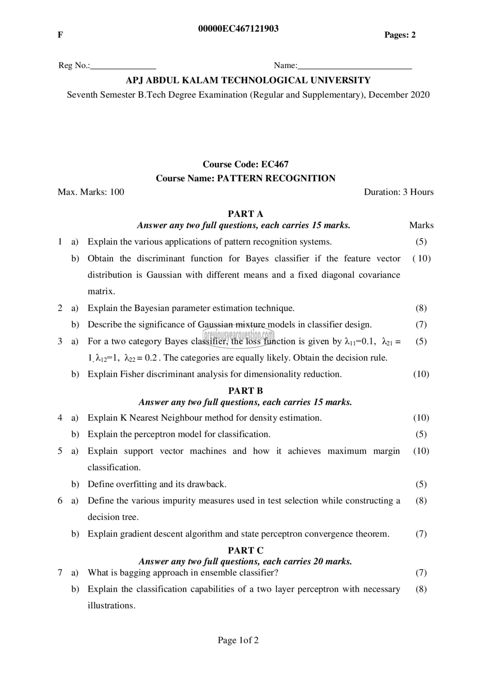 Question Paper - Pattern Recognition-1