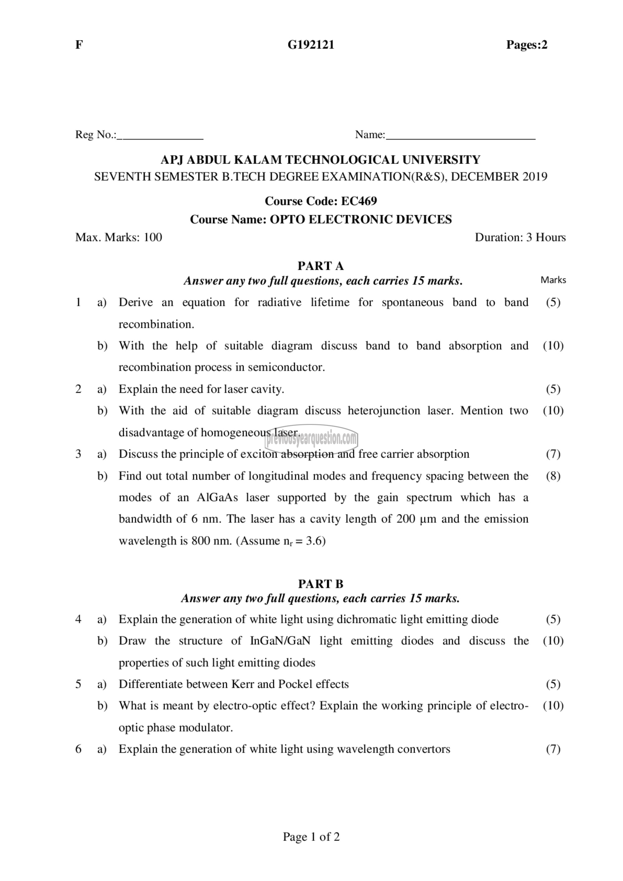 Question Paper - Opto Electronic Devices-1