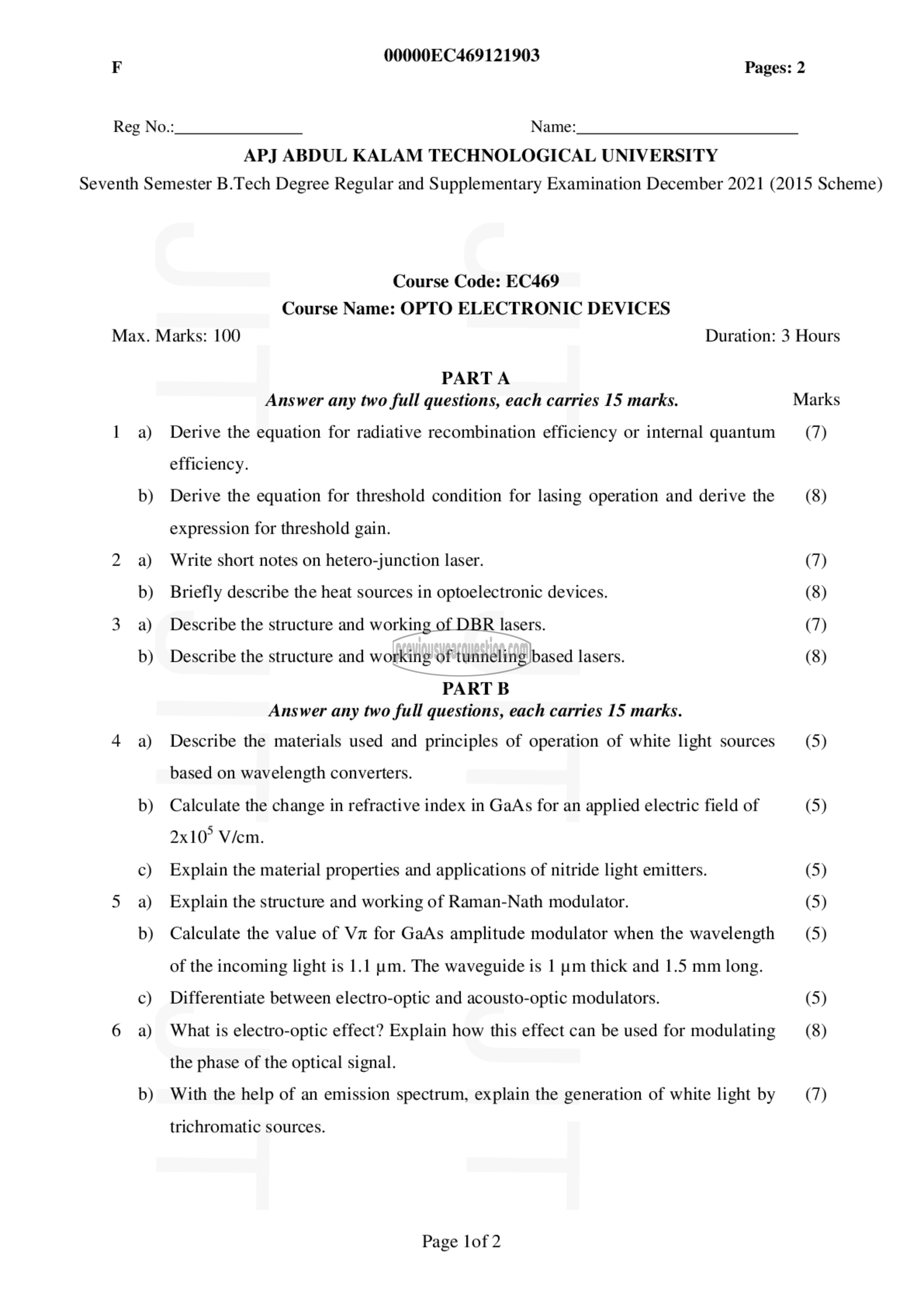 Question Paper - Opto Electronic Devices-1