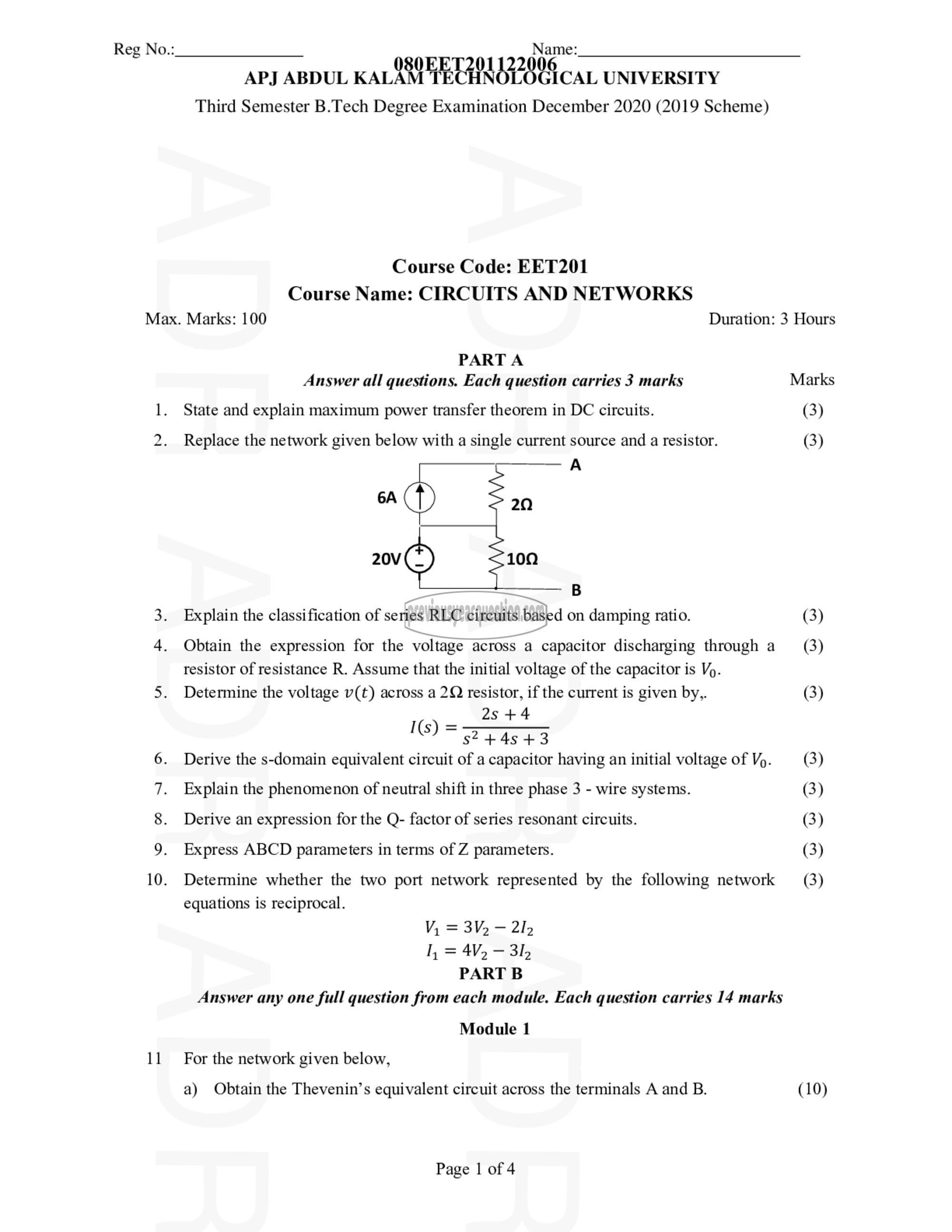 Question Paper - CIRCUITS AND NETWORKS-1