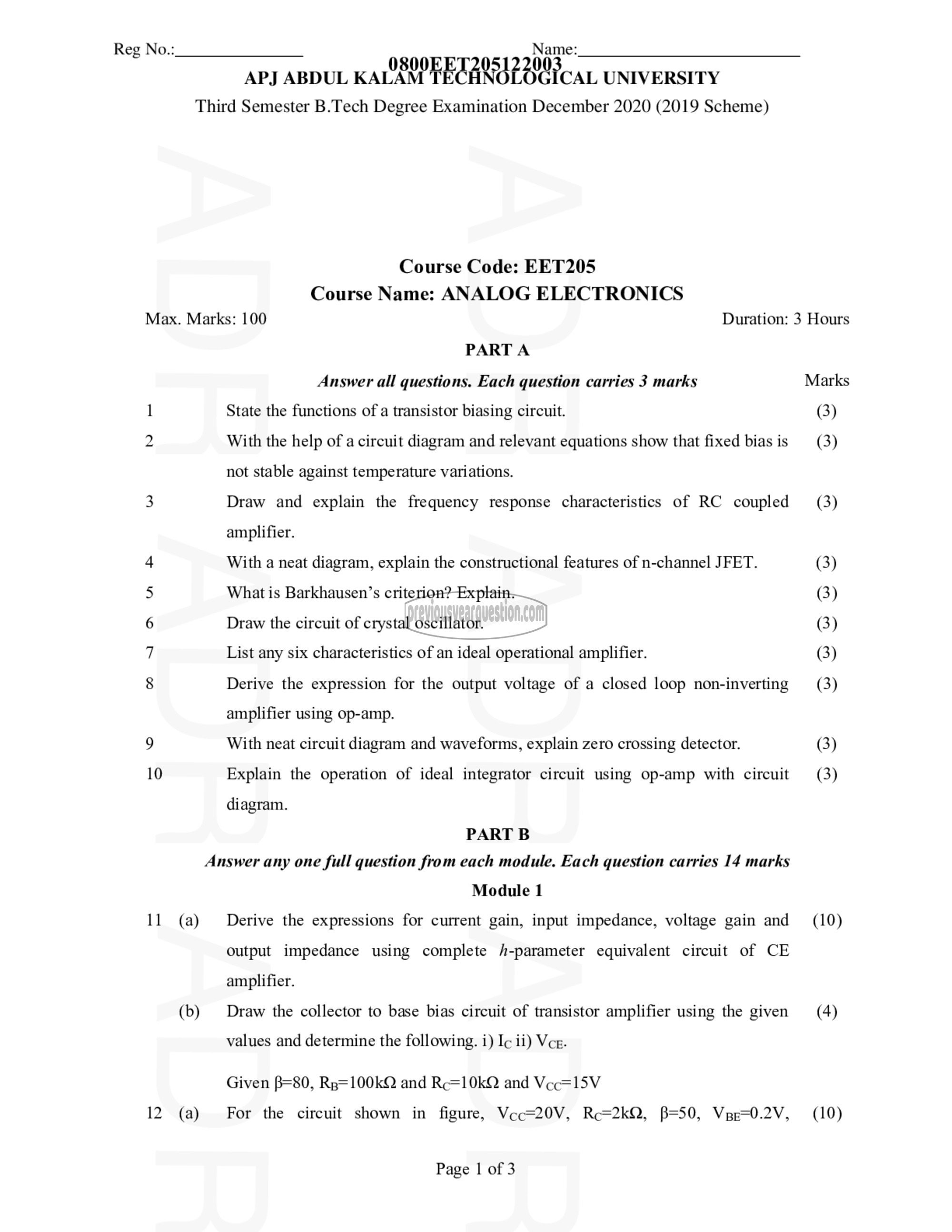 Question Paper - ANALOG ELECTRONICS-1