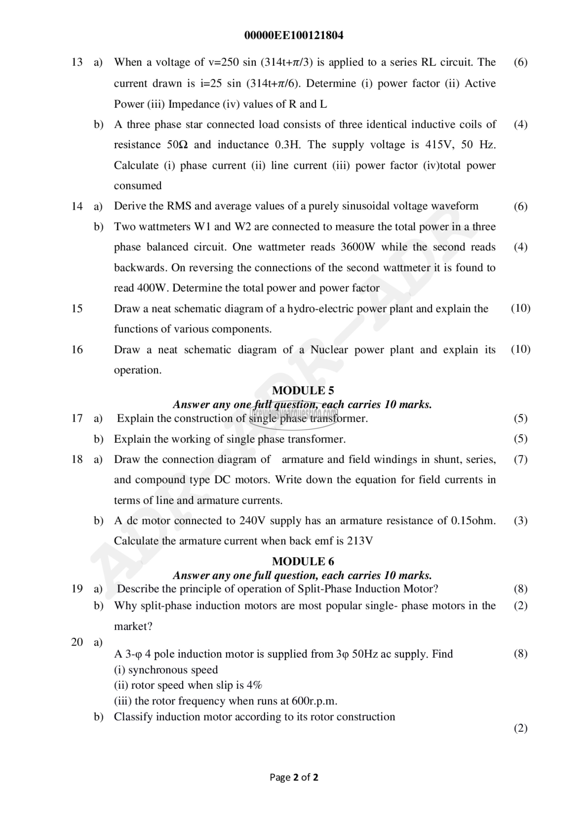 Question Paper - BASICS OF ELECTRICAL ENGINEERING-2