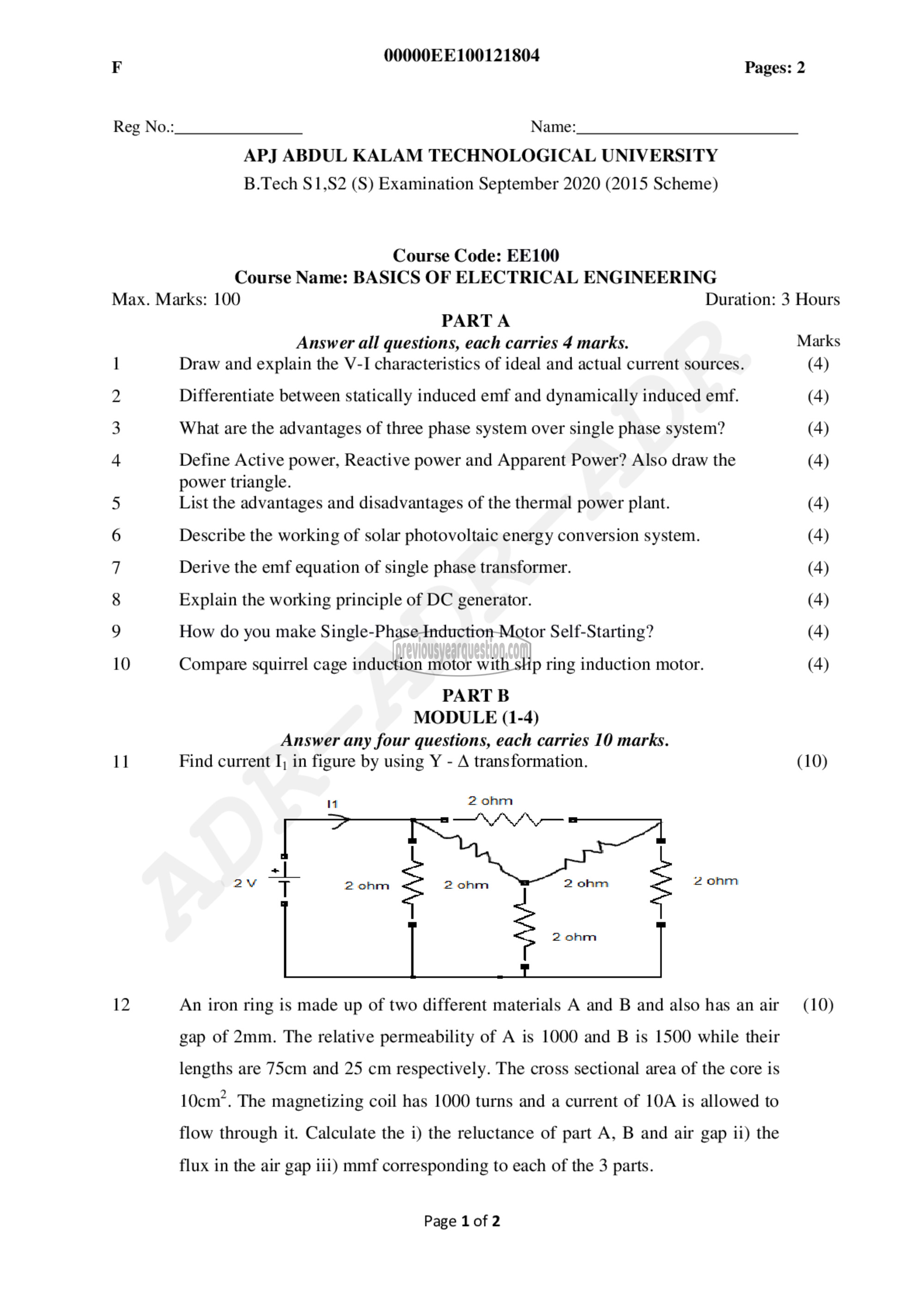 Question Paper - BASICS OF ELECTRICAL ENGINEERING-1