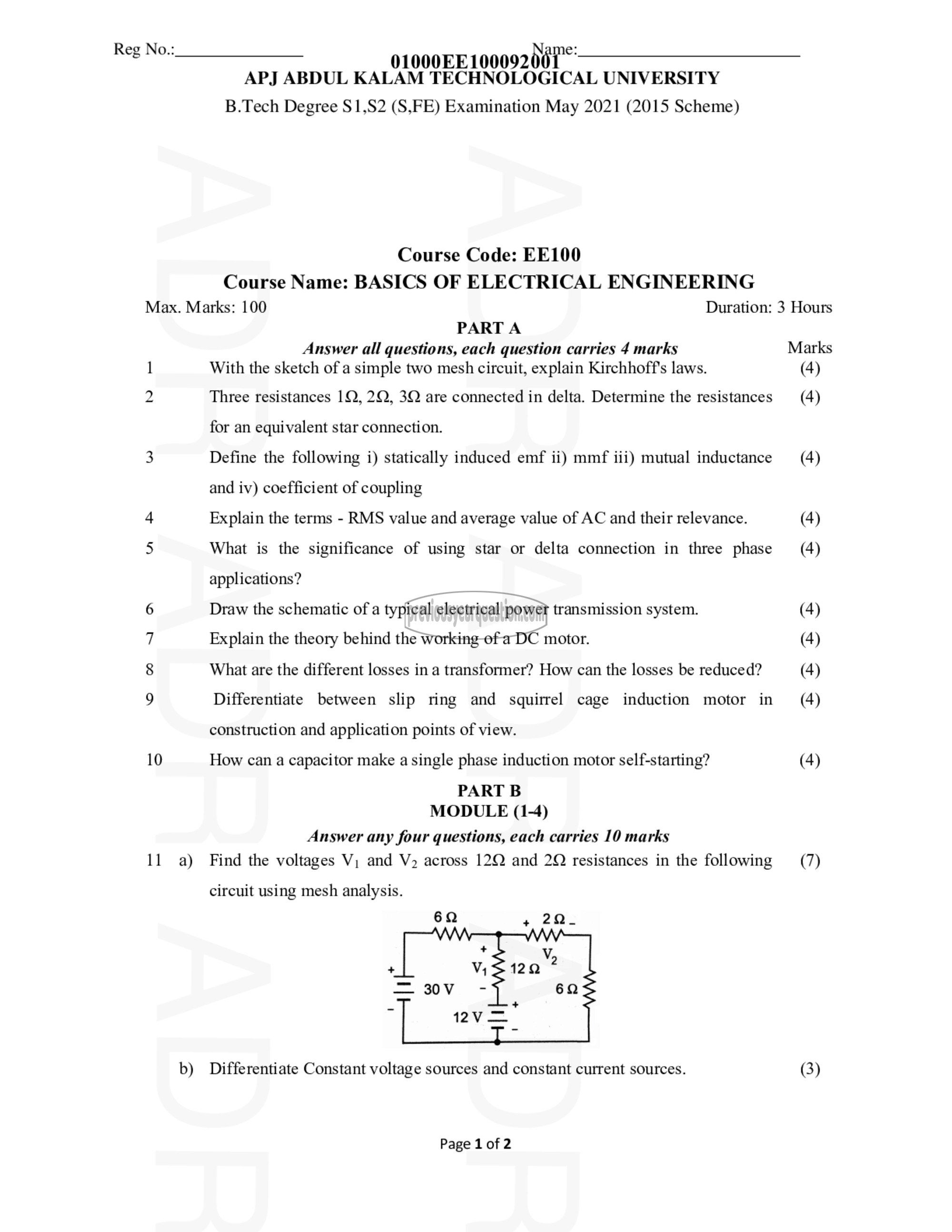 Question Paper - BASICS OF ELECTRICAL ENGINEERING-1