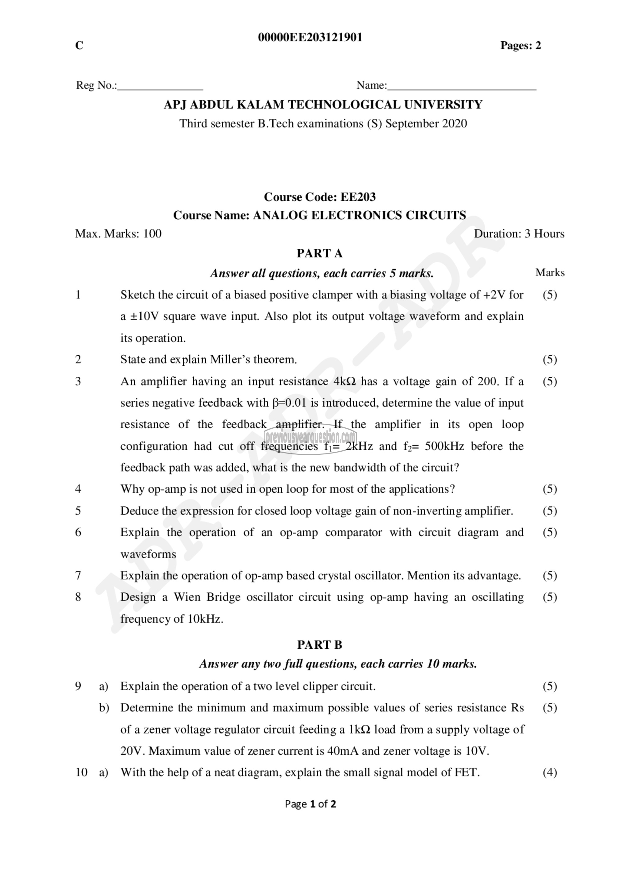 Question Paper - Analog Electronic Circuits-1