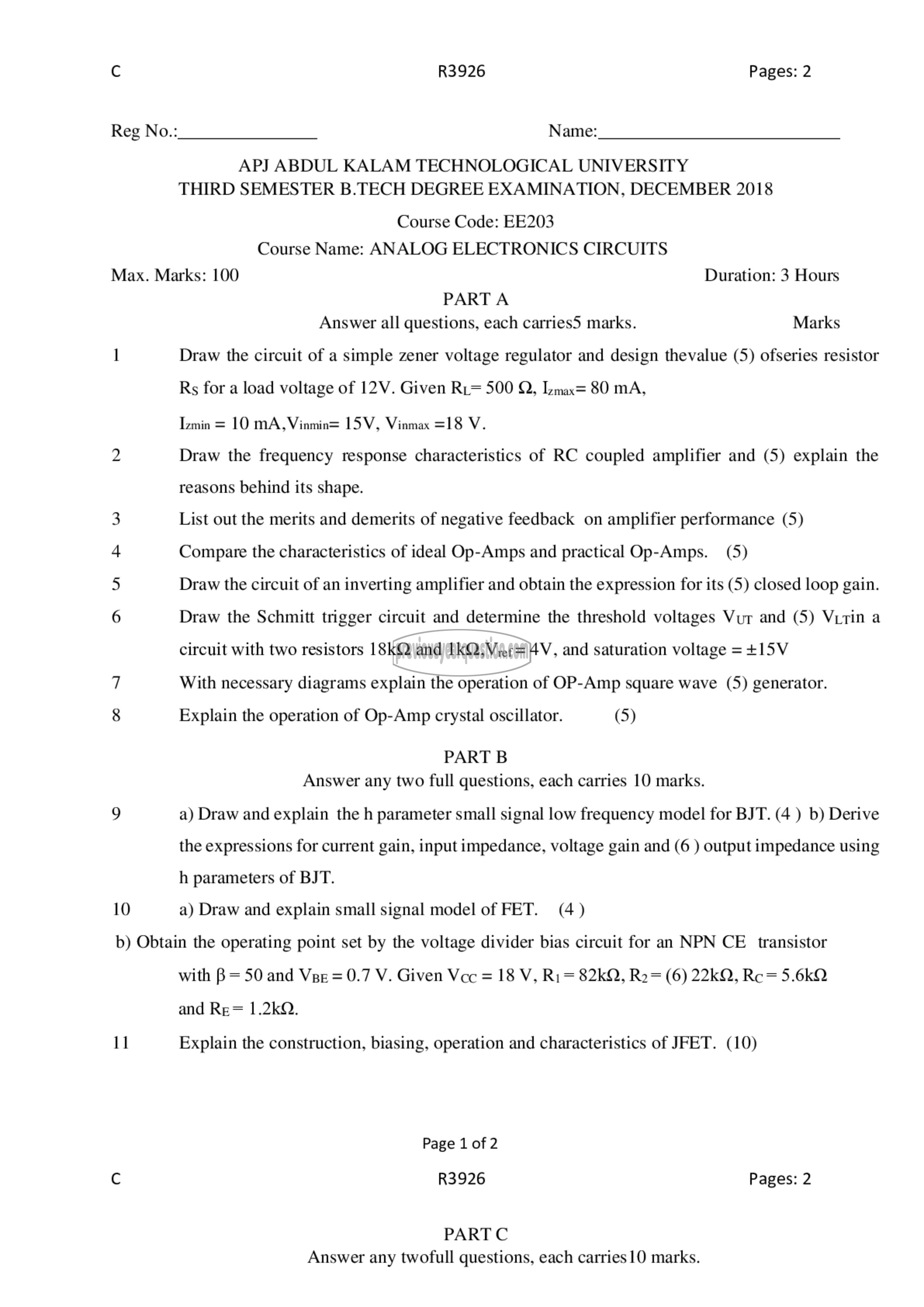 Question Paper - Analog Electronic Circuits-1