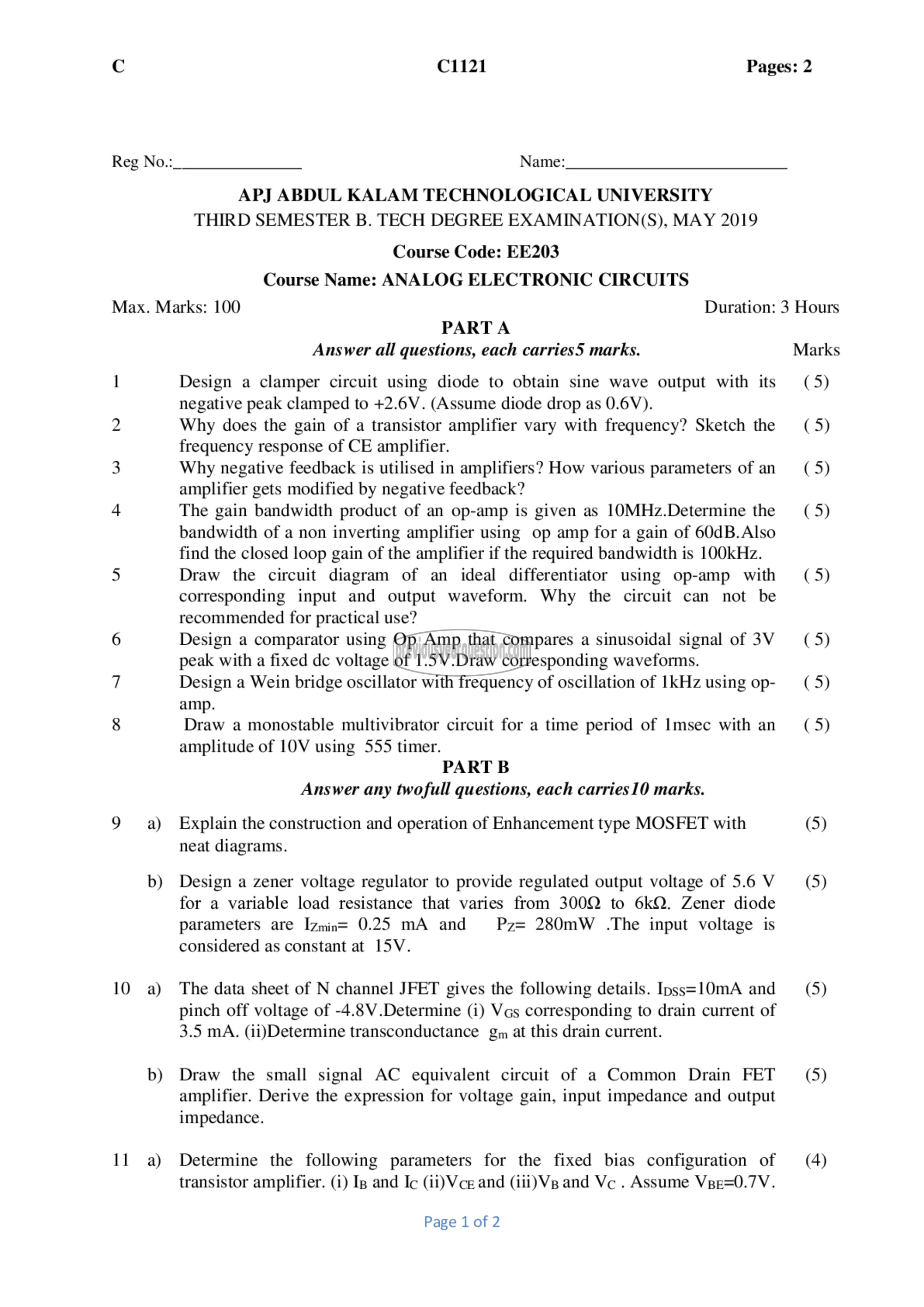 Question Paper - Analog Electronic Circuits-1