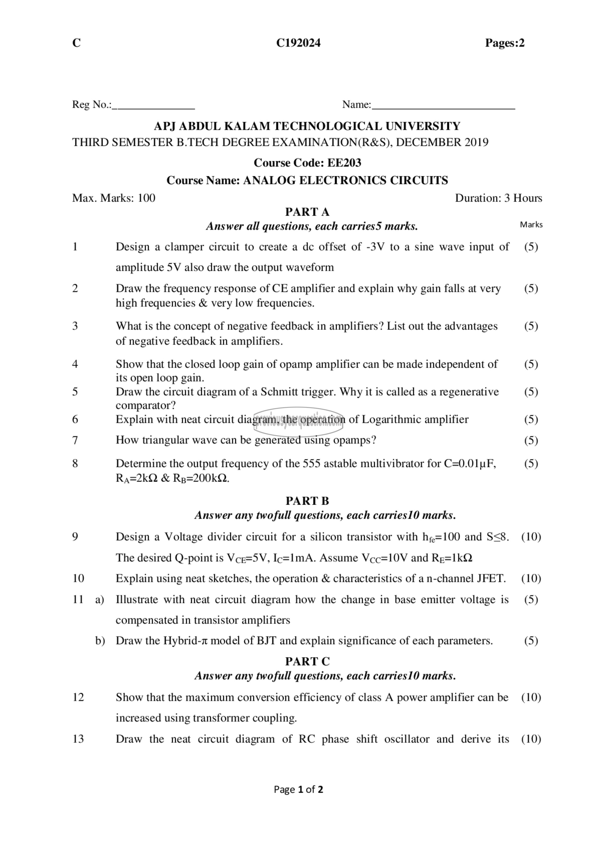 Question Paper - Analog Electronic Circuits-1