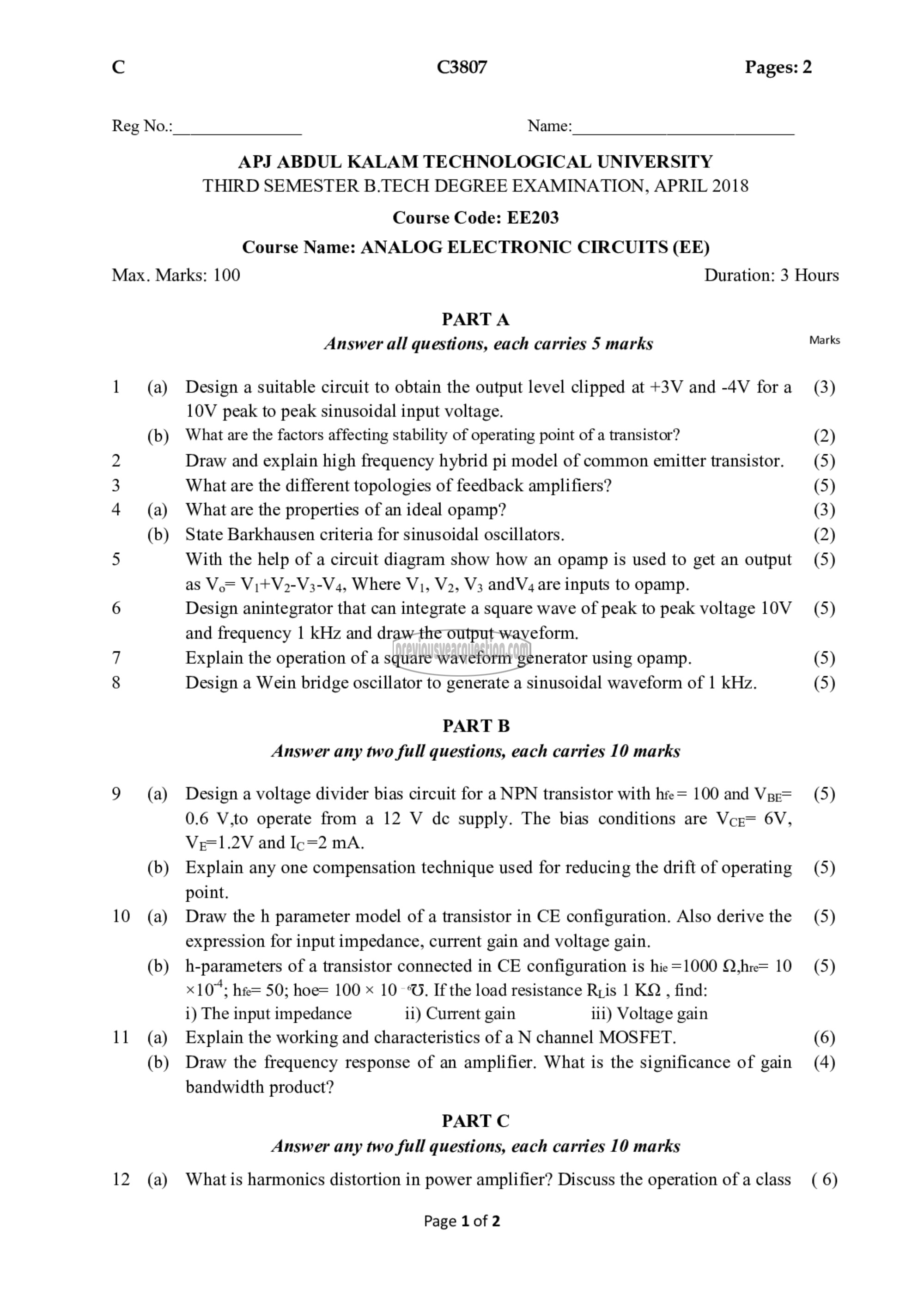 Question Paper - Analog Electronic Circuits-1