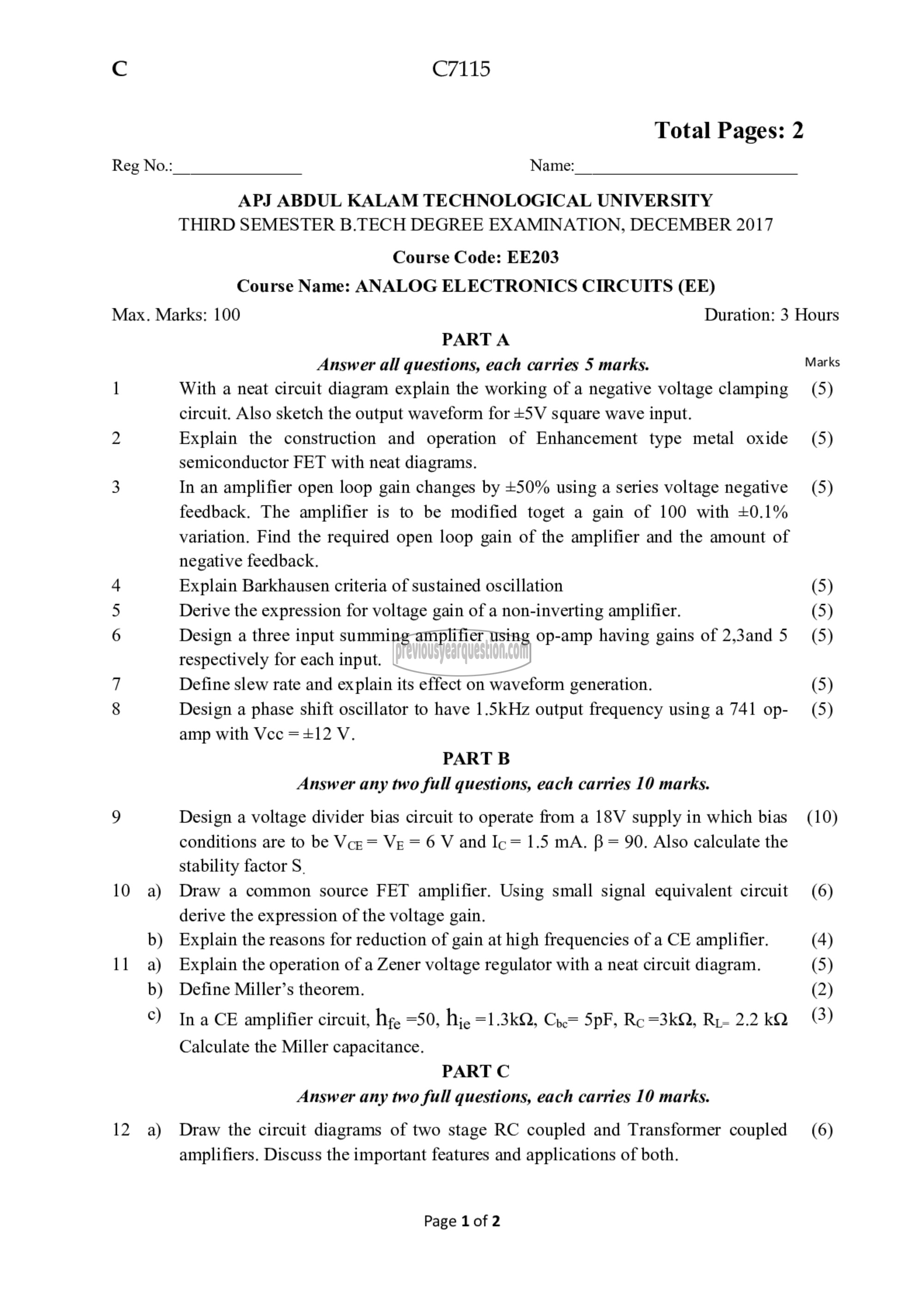 Question Paper - Analog Electronic Circuits-1