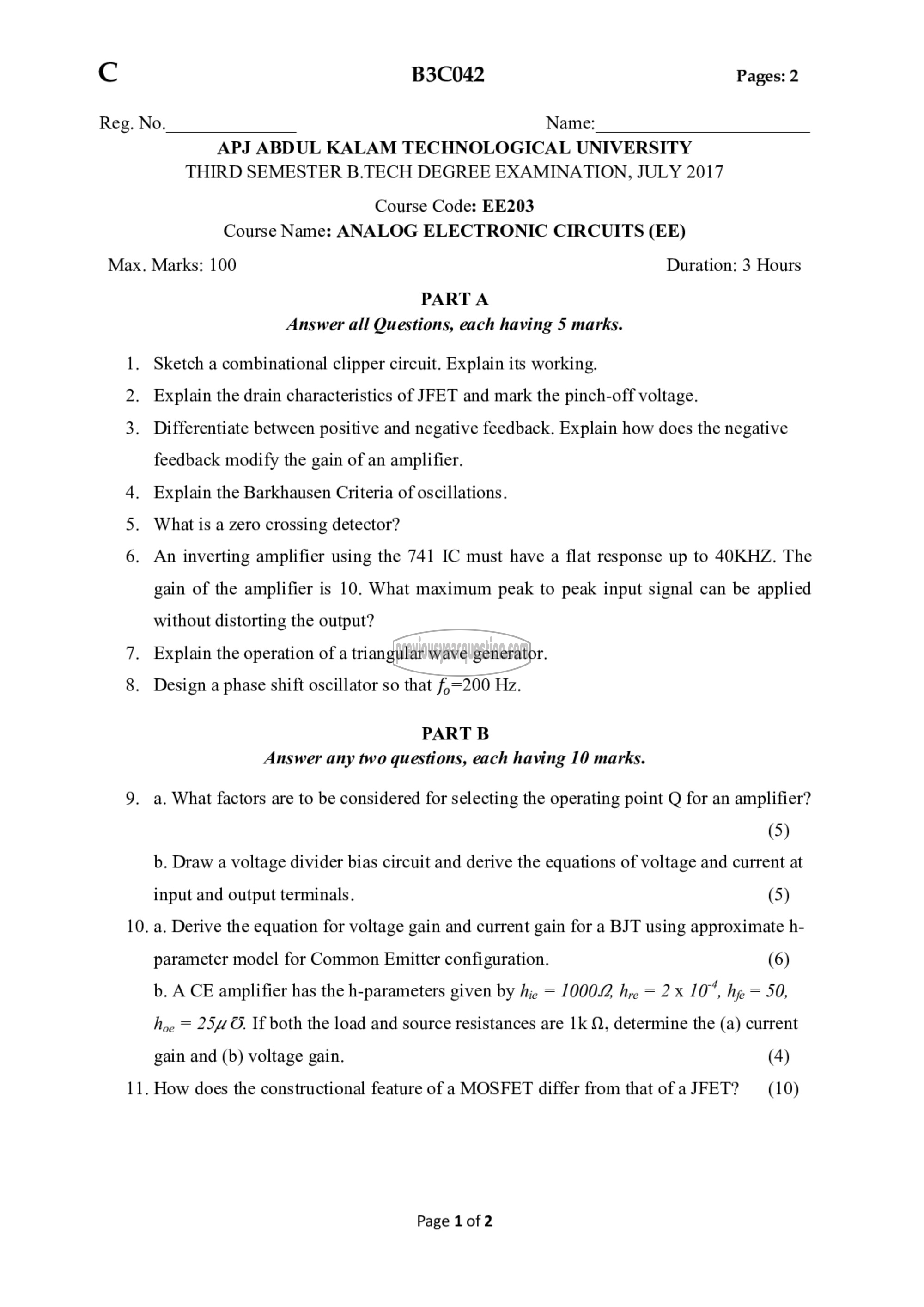 Question Paper - Analog Electronic Circuits-1