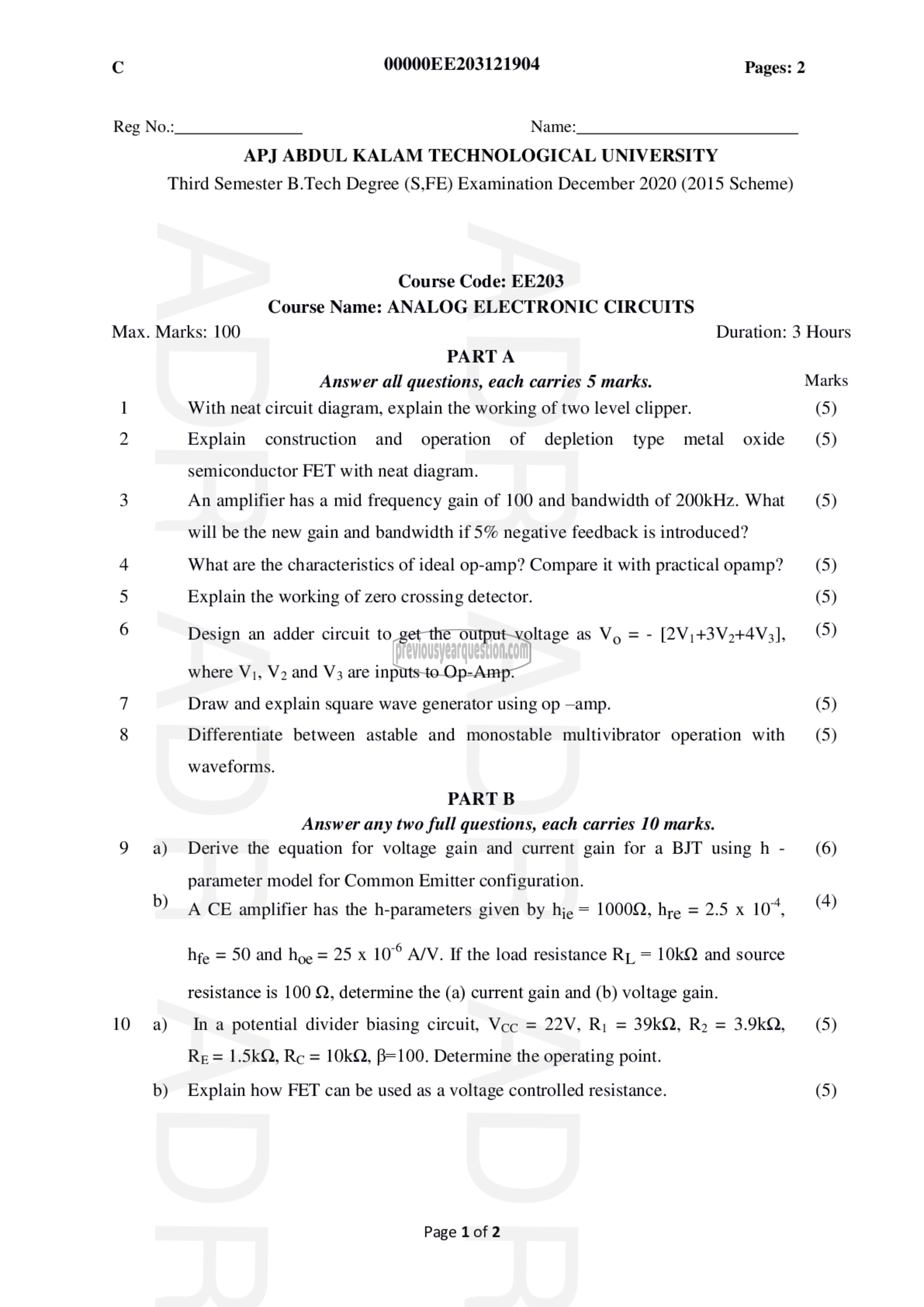 Question Paper - Analog Electronic Circuits-1