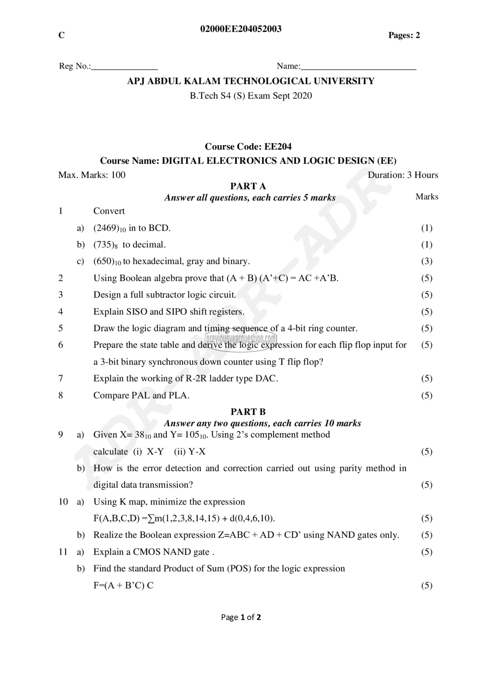 Question Paper - Digital Electronics and Logic Design-1