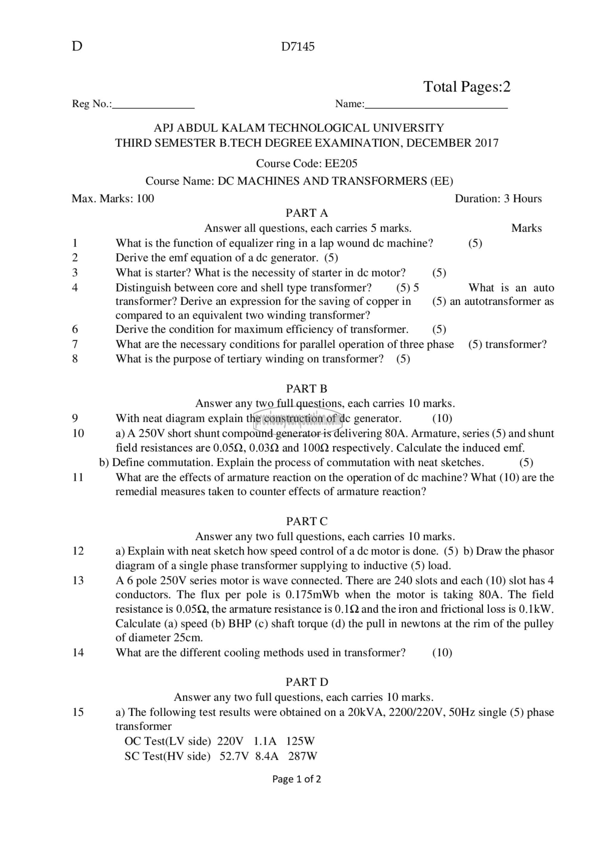 Question Paper - DC Machines and Transformers-1