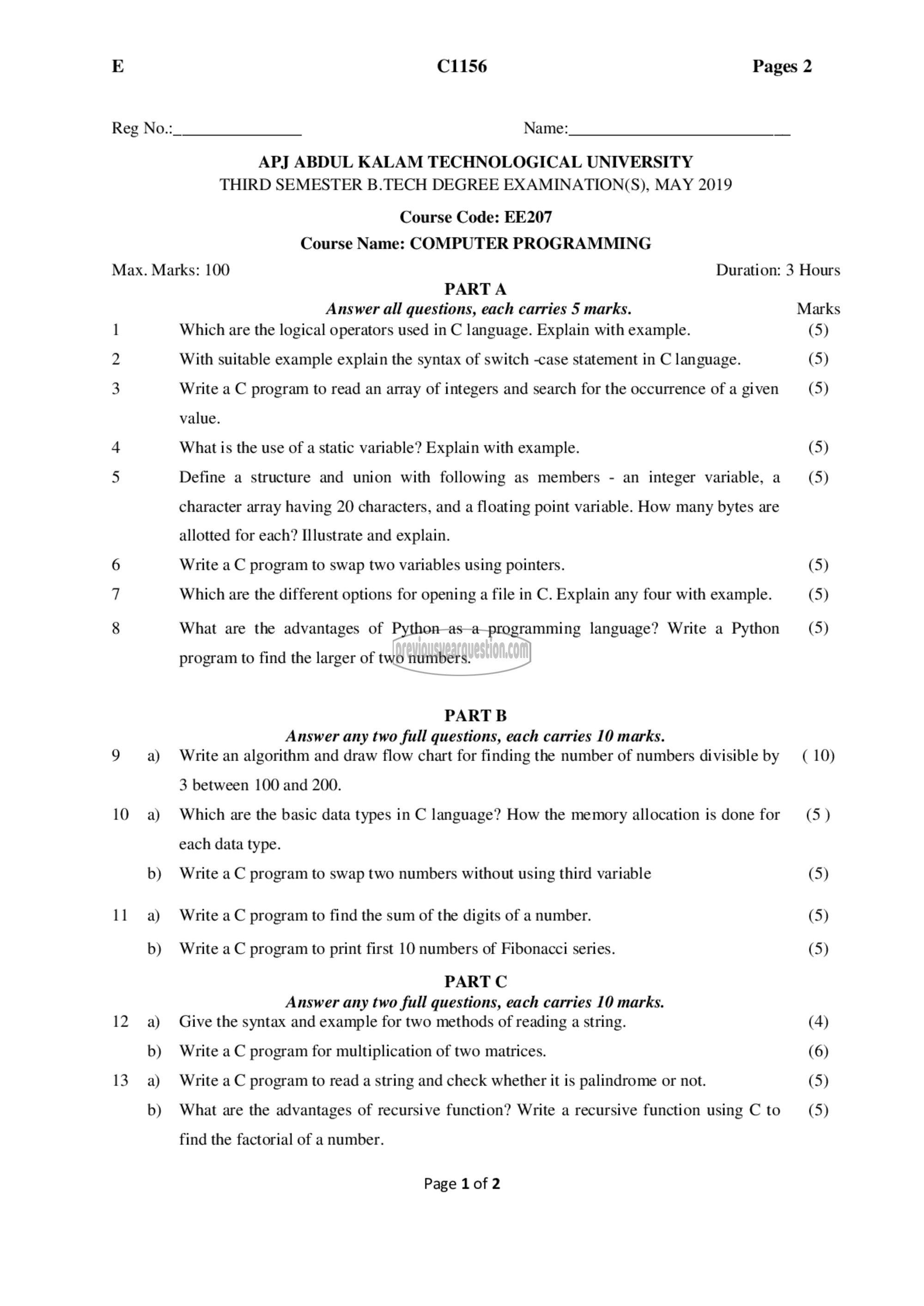 Question Paper - Computer Programming-1