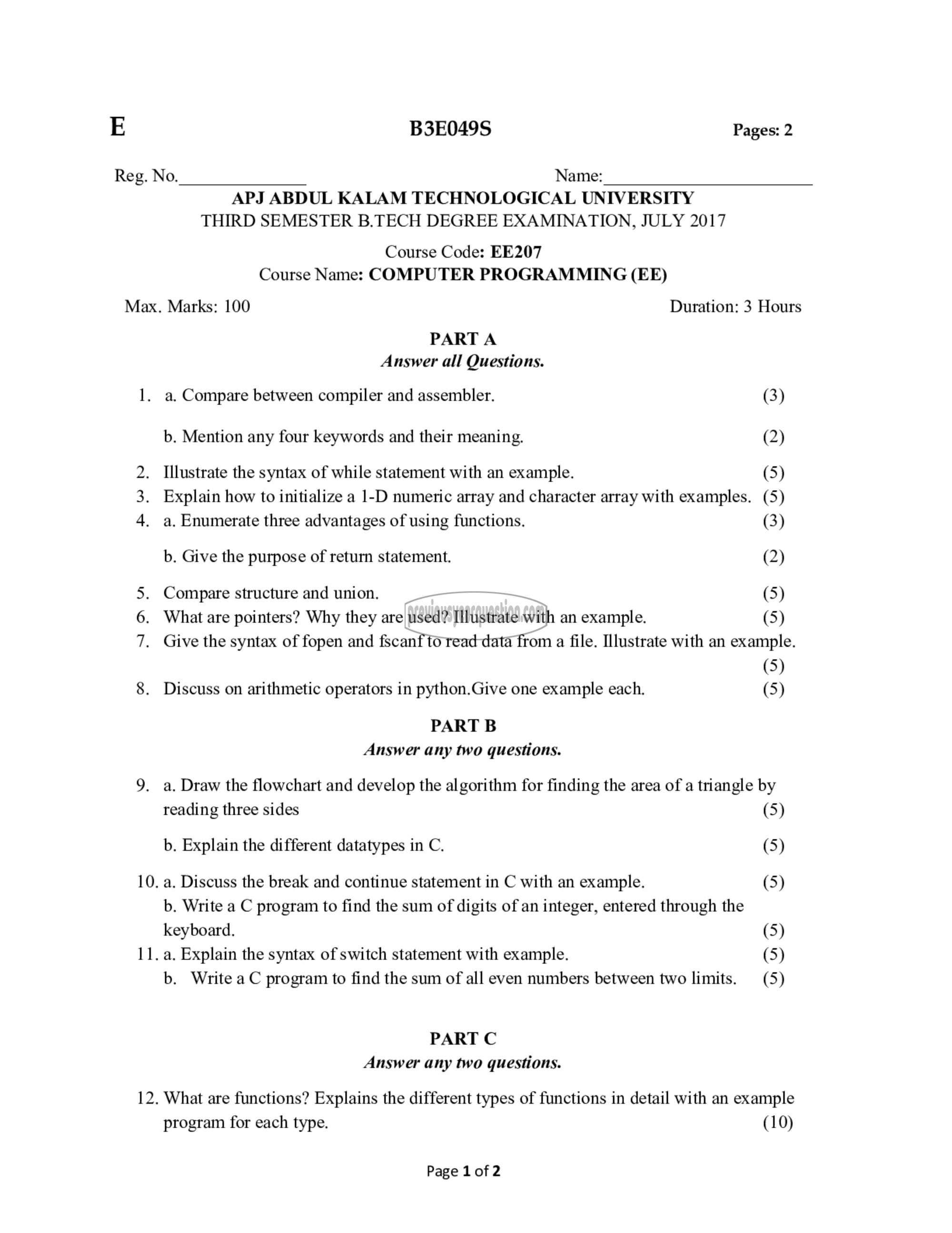 Question Paper - Computer Programming-1