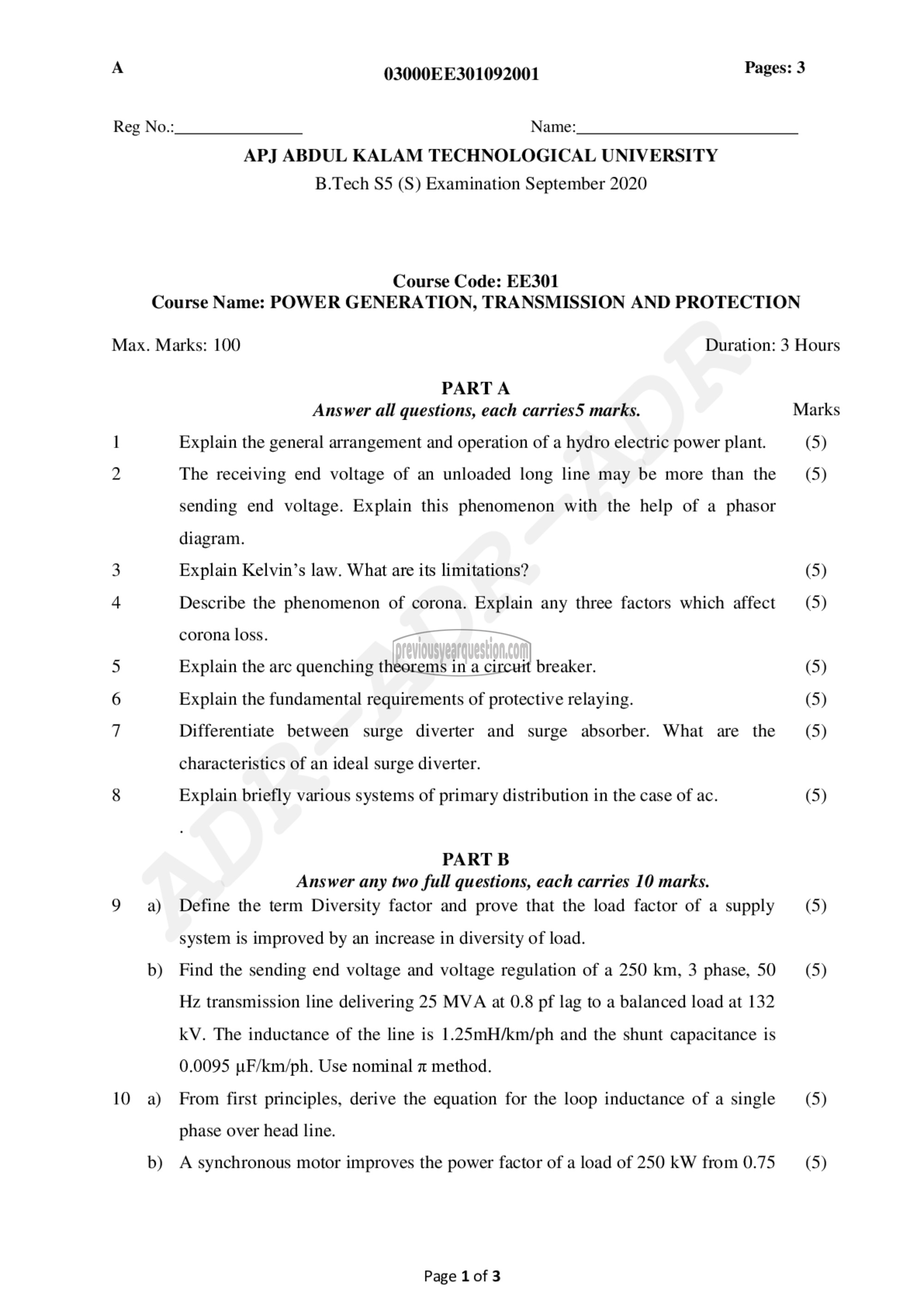 Question Paper - Power Generation, Transmission and Protection-1