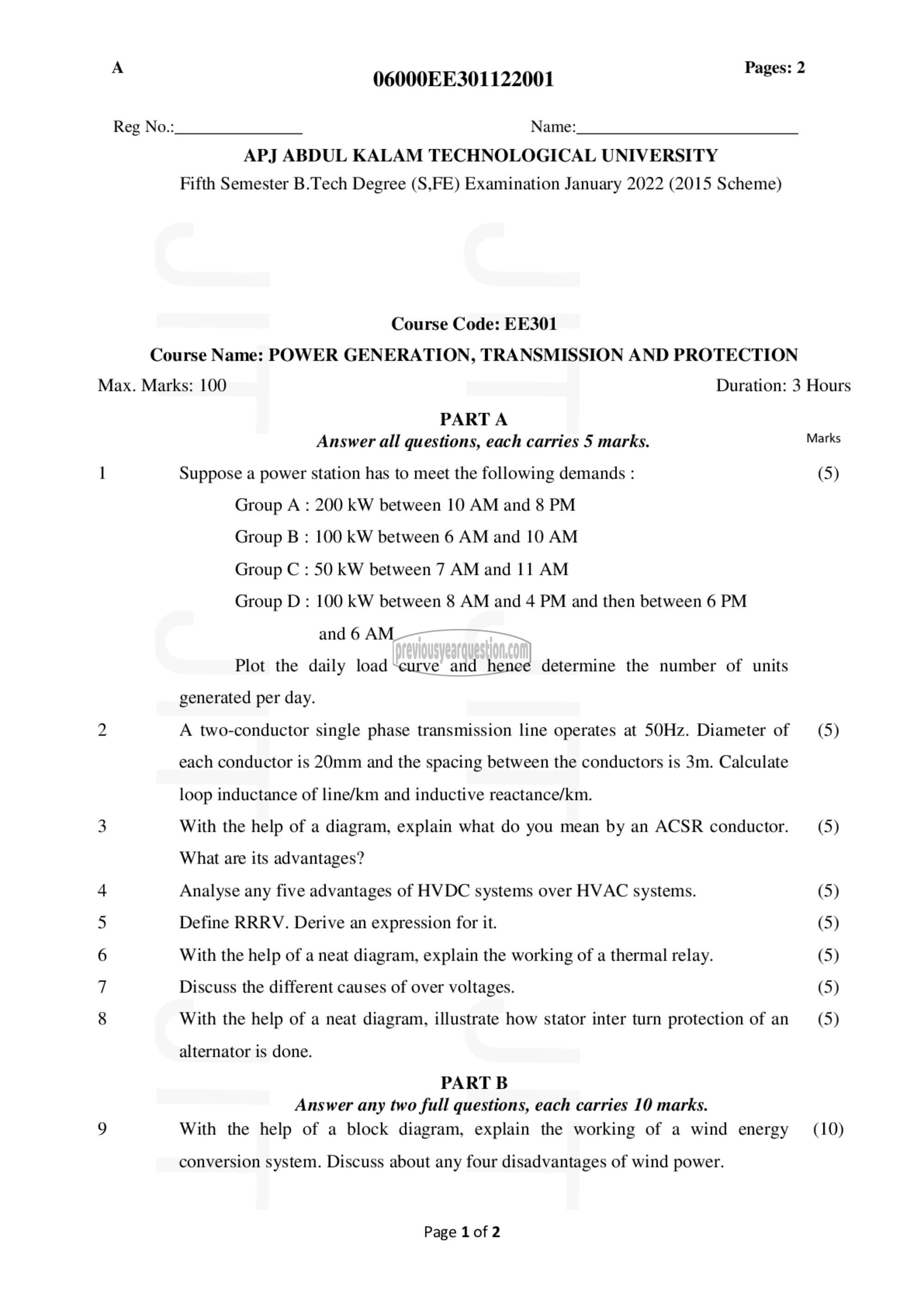 Question Paper - Power Generation, Transmission and Protection-1