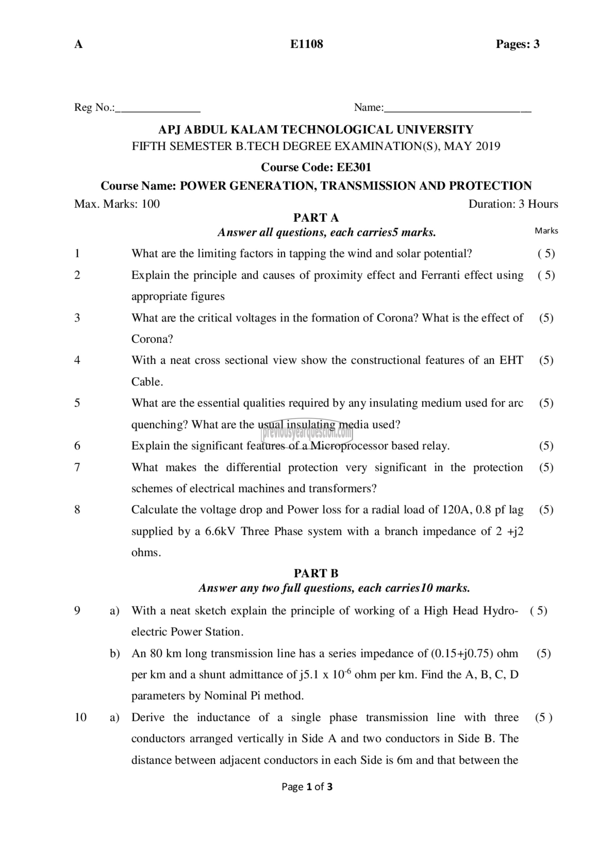 Question Paper - Power Generation, Transmission and Protection-1