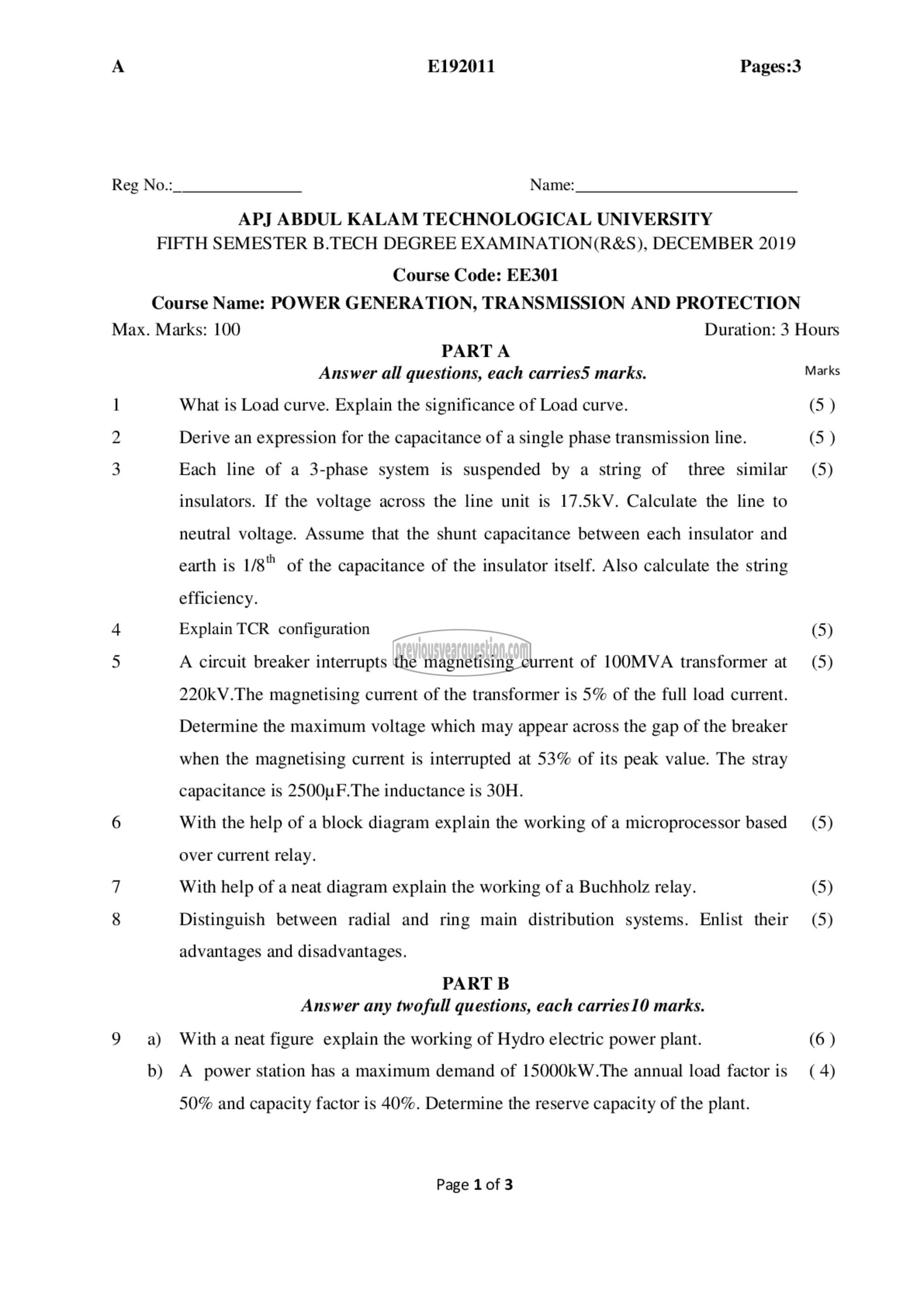 Question Paper - Power Generation, Transmission and Protection-1