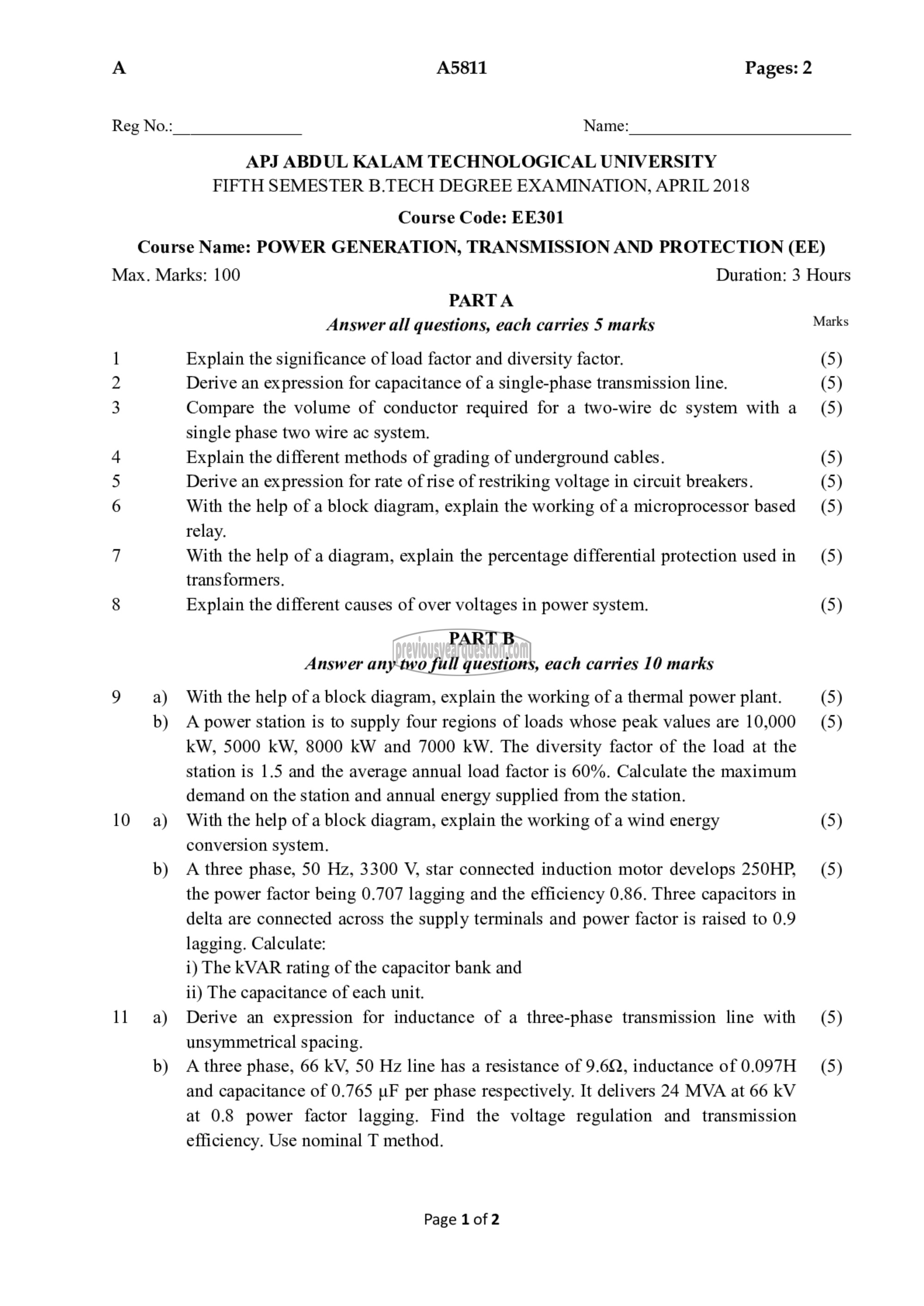 Question Paper - Power Generation, Transmission and Protection-1