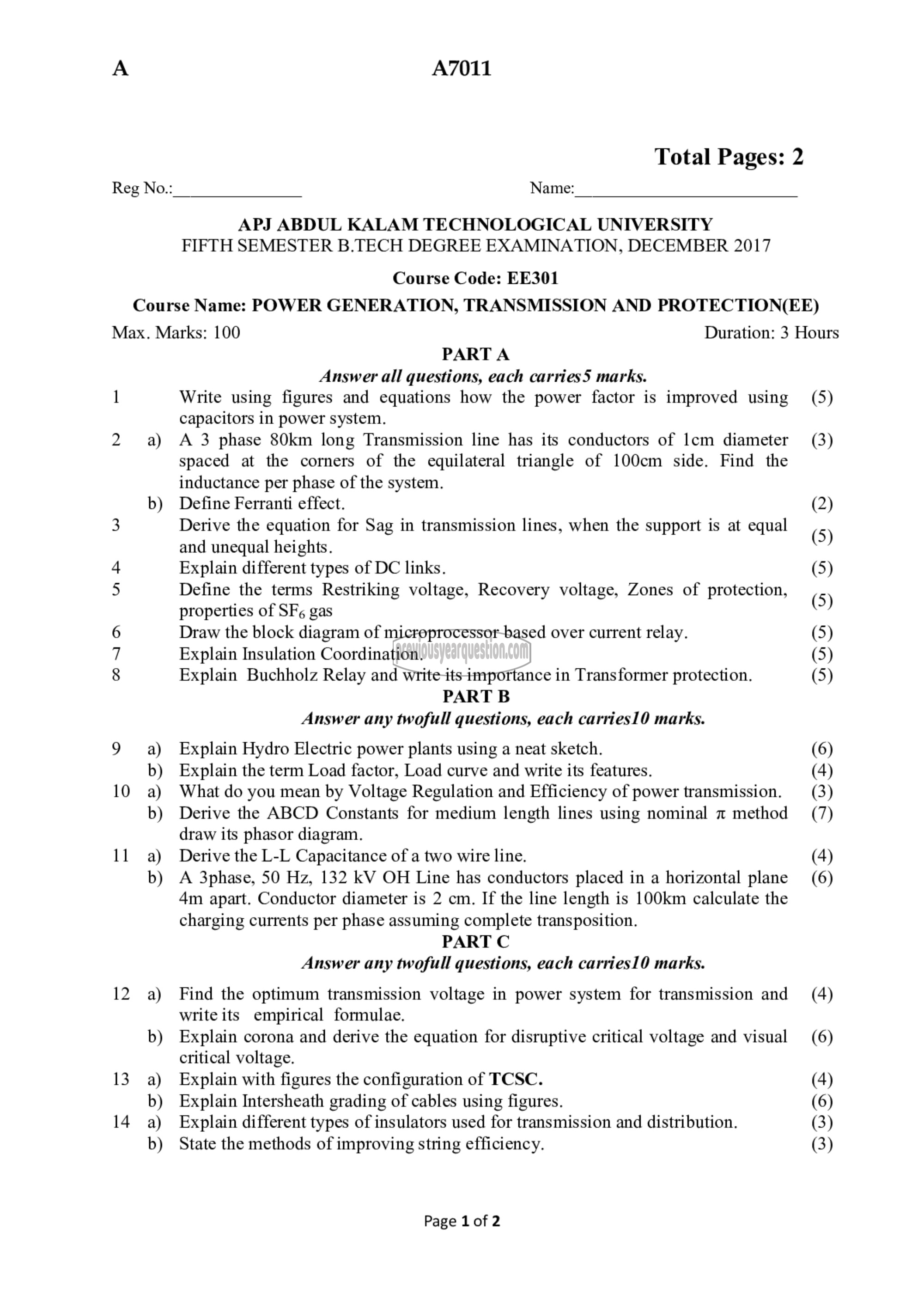 Question Paper - Power Generation, Transmission and Protection-1