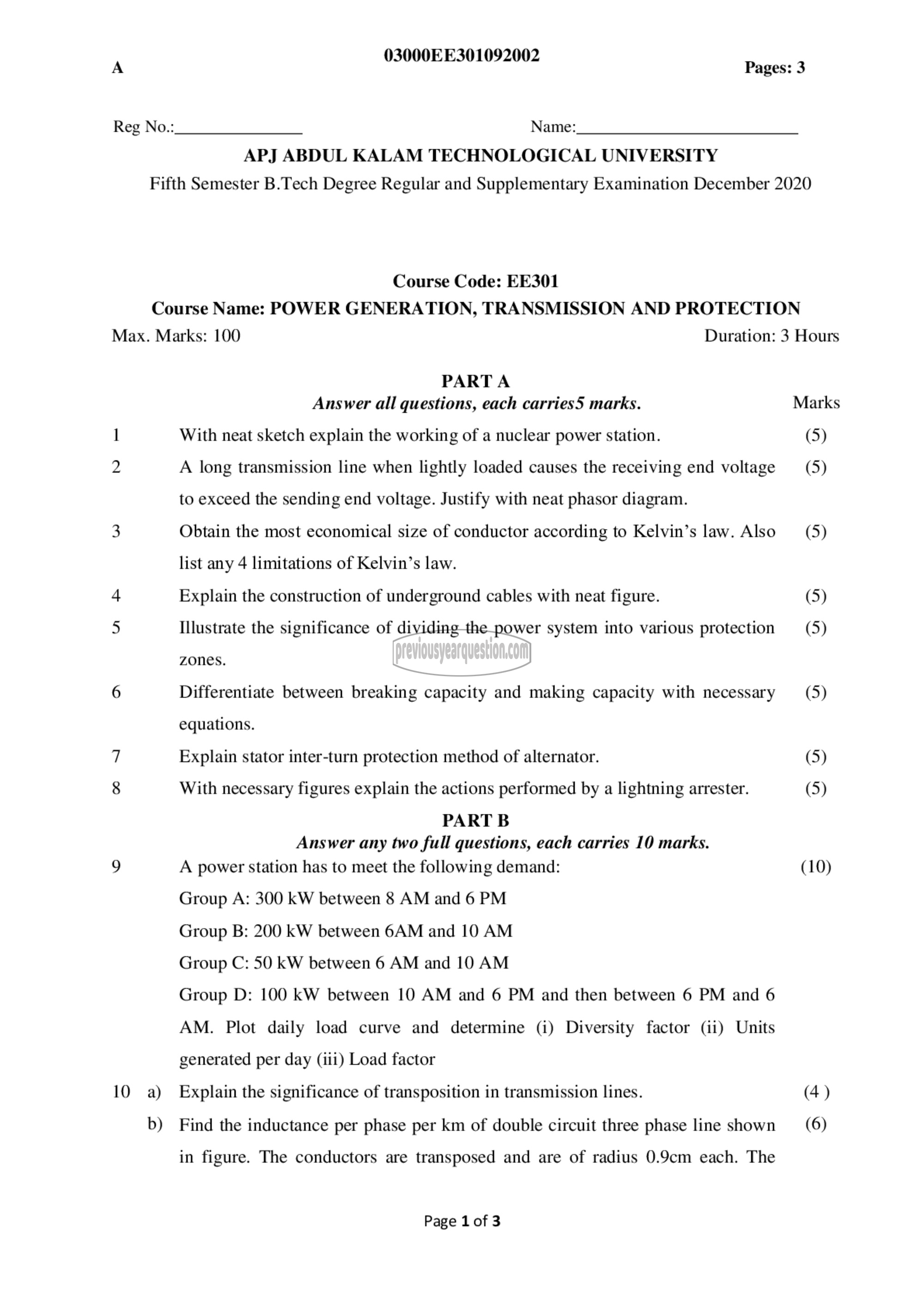 Question Paper - Power Generation, Transmission and Protection-1