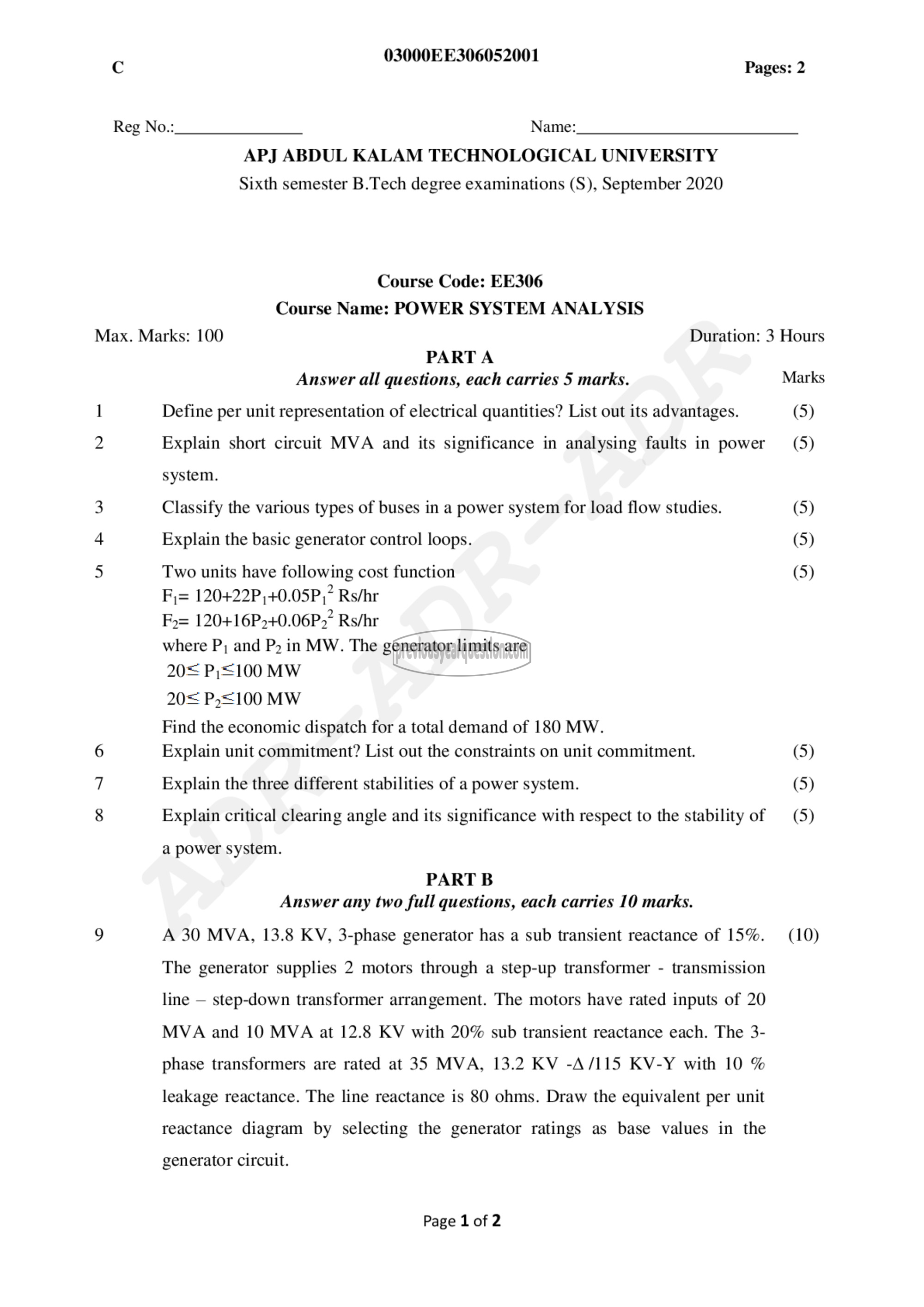 Question Paper - Power System Analysis-1