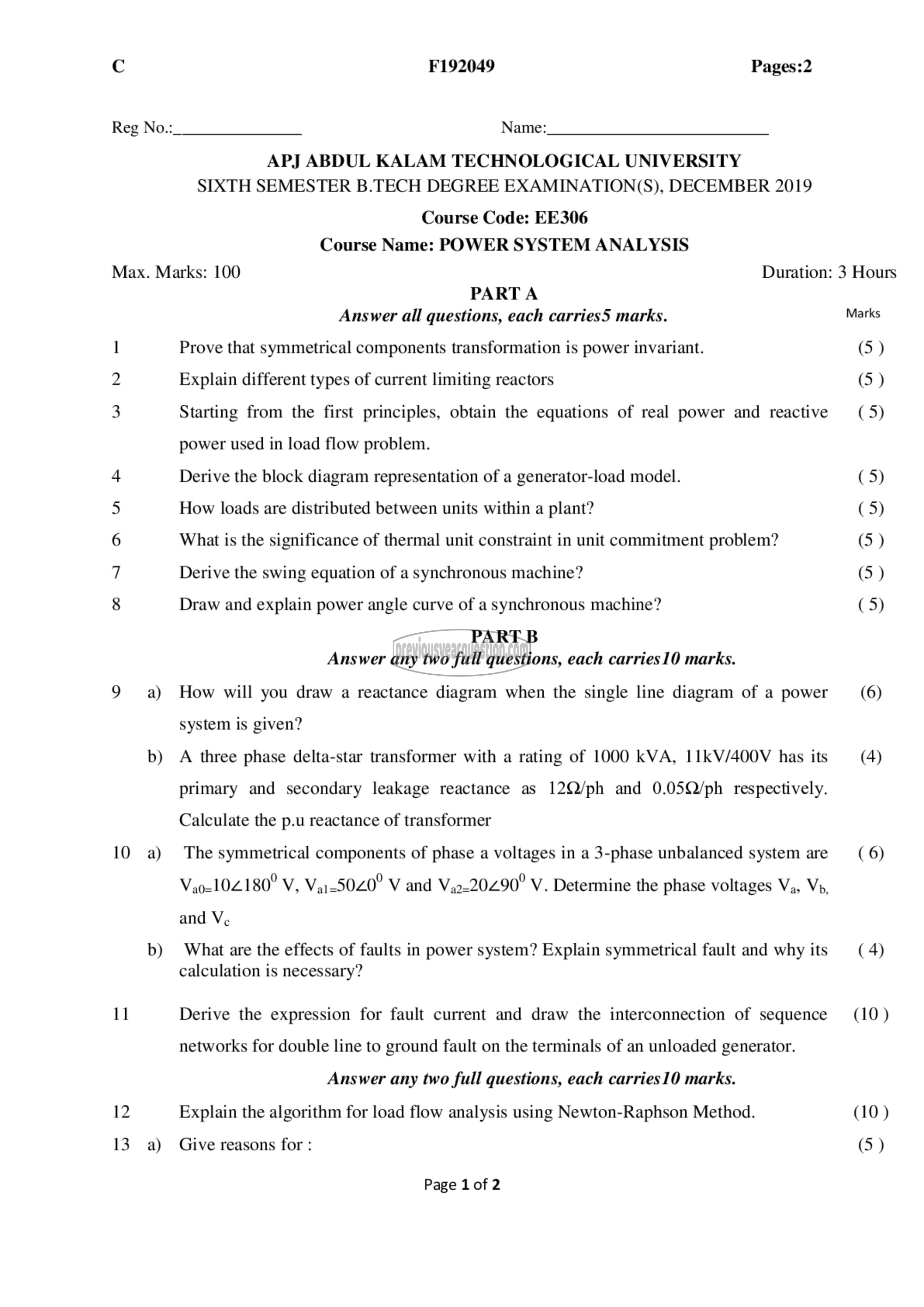 Question Paper - Power System Analysis-1